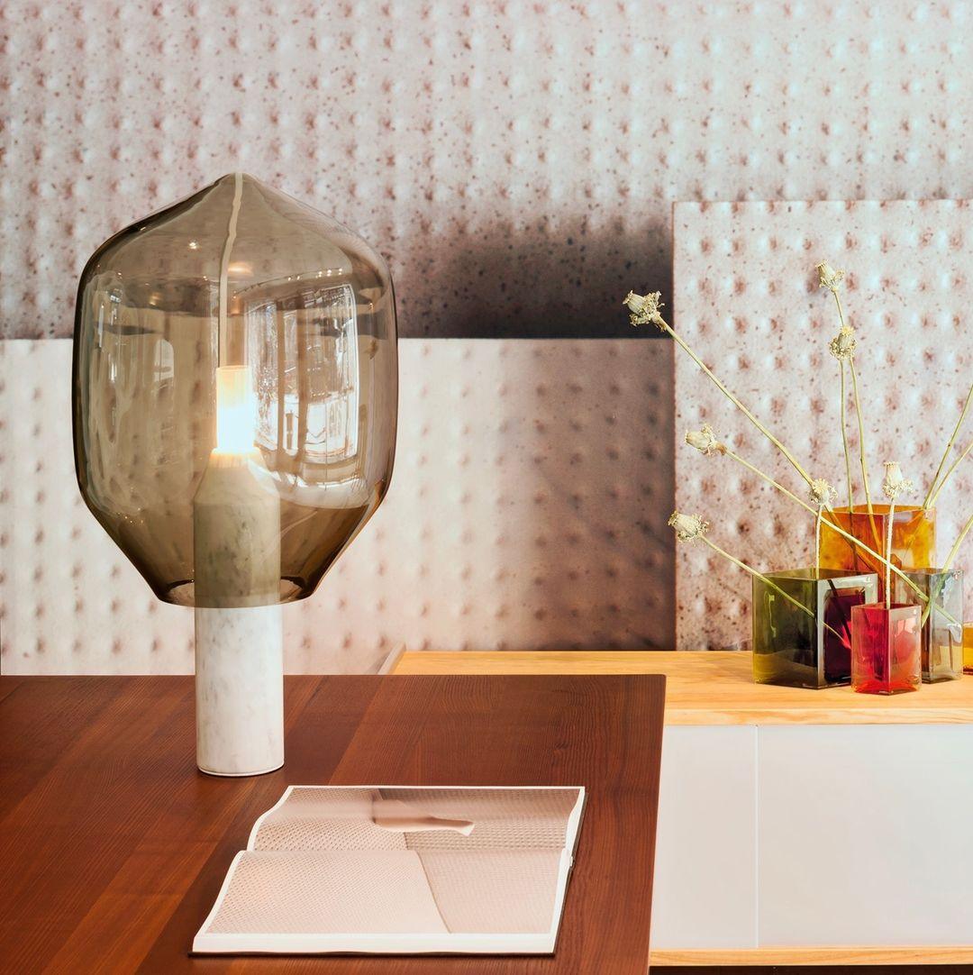 Modern Smoked Glass Lighthouse Table Lamp with Natural Marble Base and G9 LED Socket