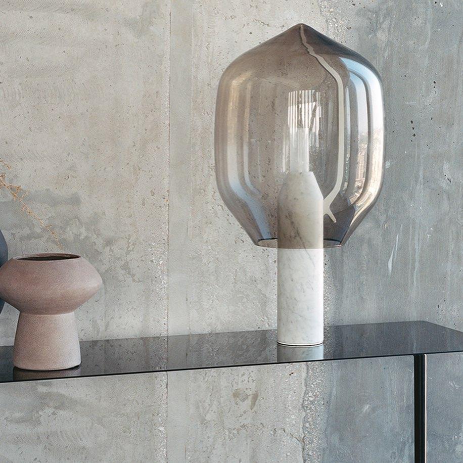 Modern Smoked Glass Lighthouse Table Lamp with Natural Marble Base and G9 LED Socket