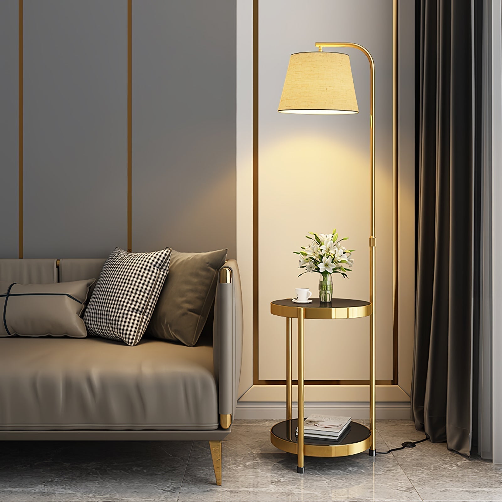 Lilah Modern Standing Lamp with Integrated End Table and Storage Shelf for Living Room