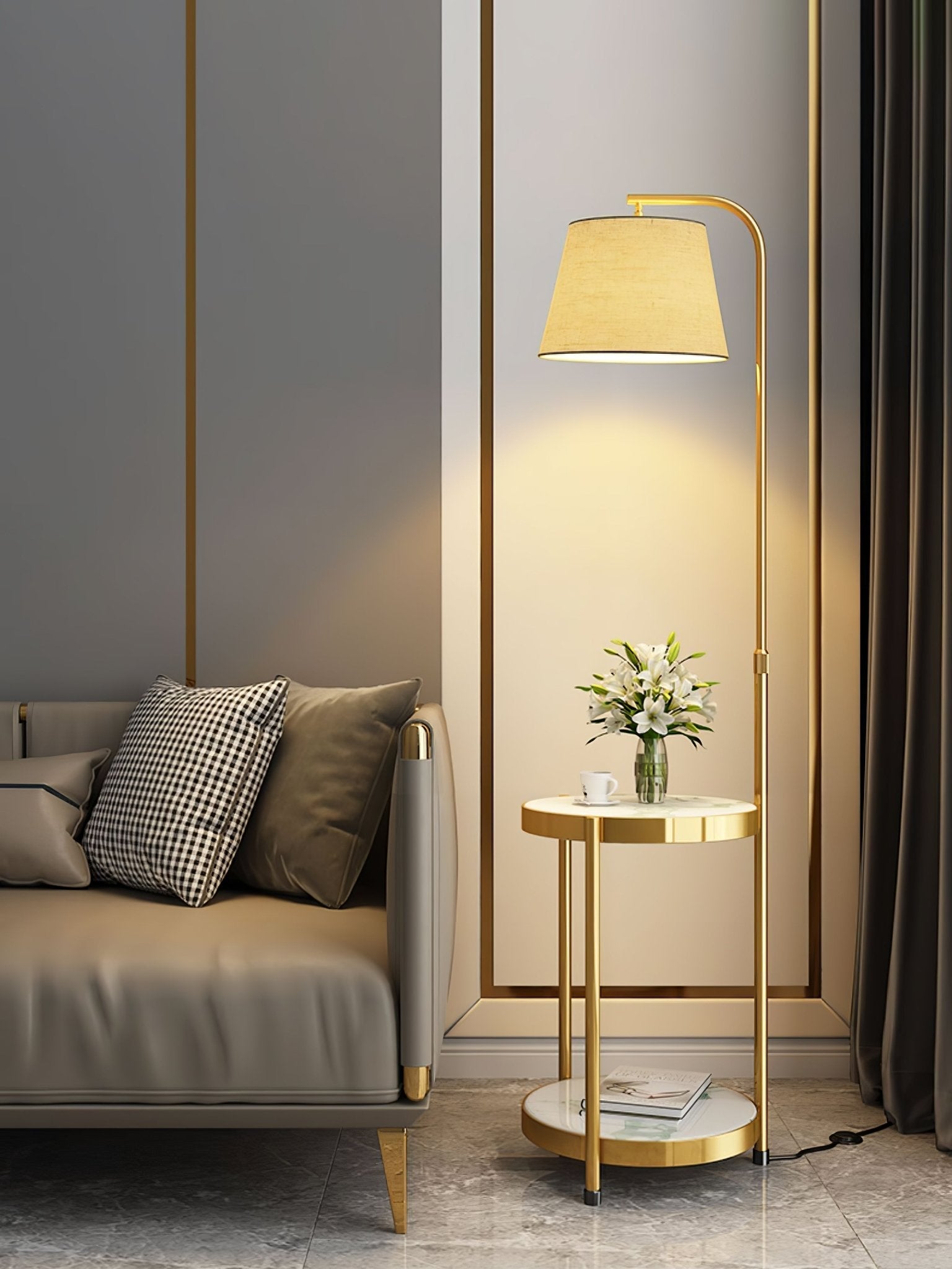 Lilah Modern Standing Lamp with Integrated End Table and Storage Shelf for Living Room