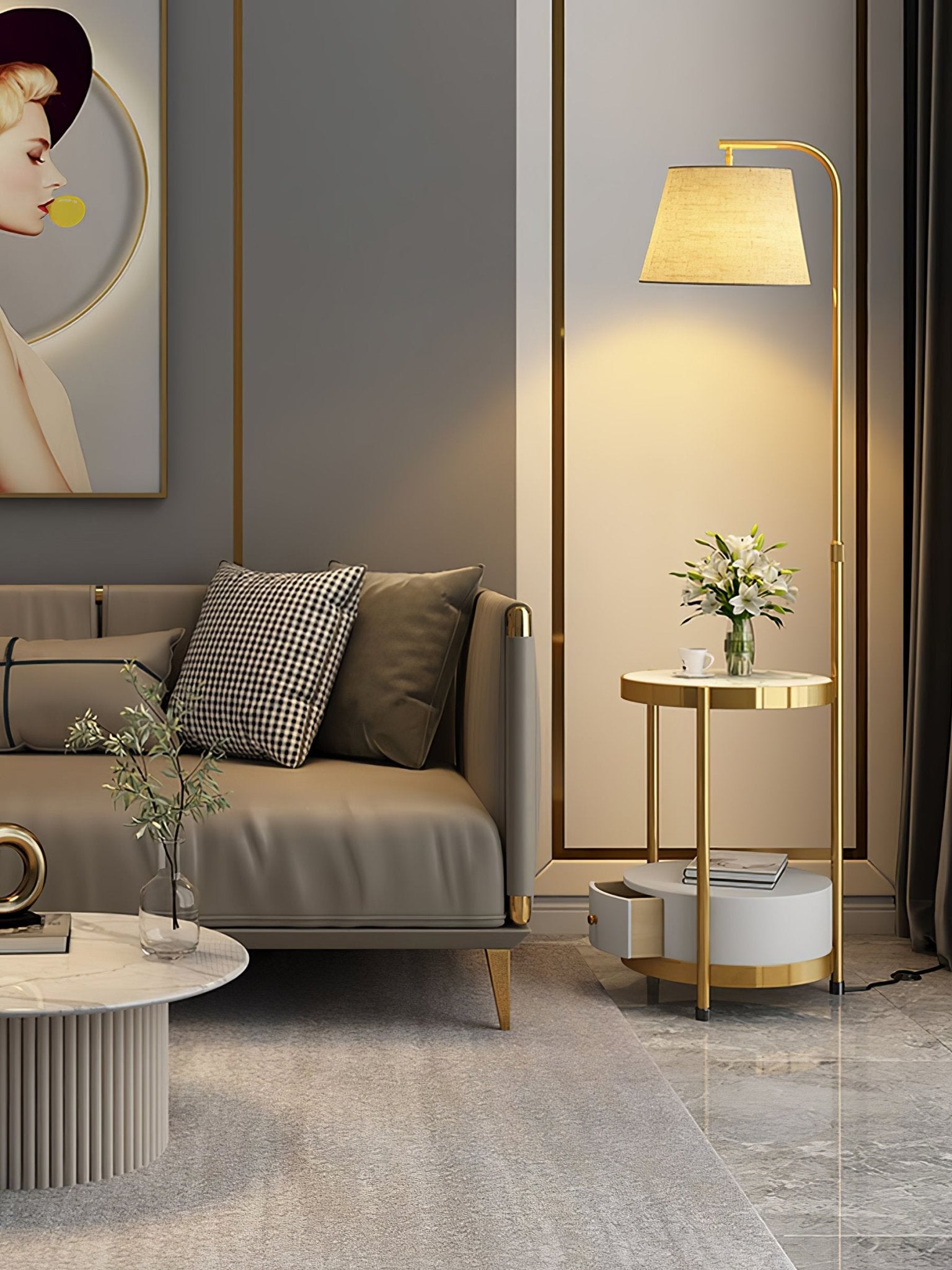 Lilah Modern Standing Lamp with Integrated End Table and Storage Shelf for Living Room
