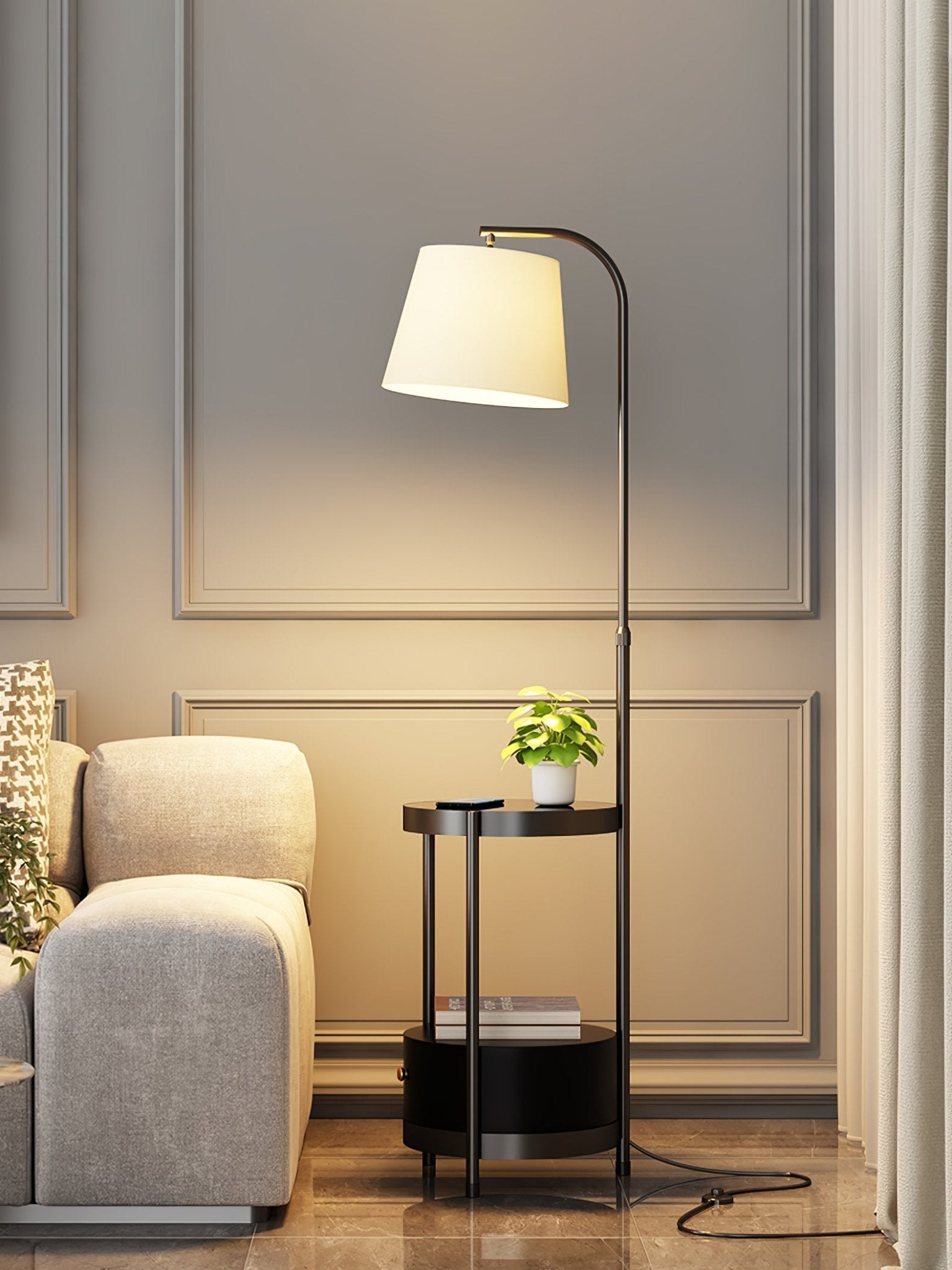 Lilah Modern Standing Lamp with Integrated End Table and Storage Shelf for Living Room