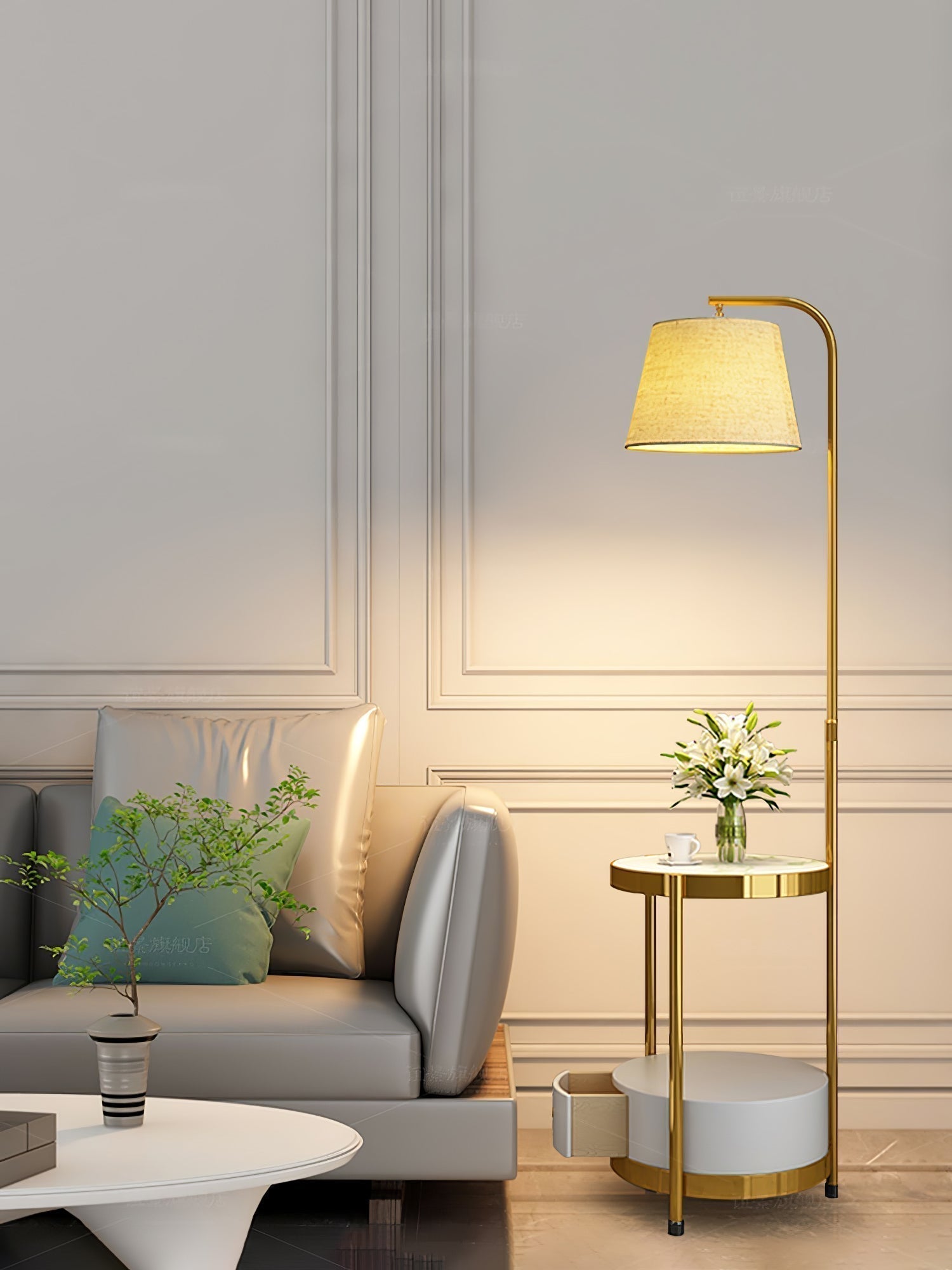 Lilah Modern Standing Lamp with Integrated End Table and Storage Shelf for Living Room