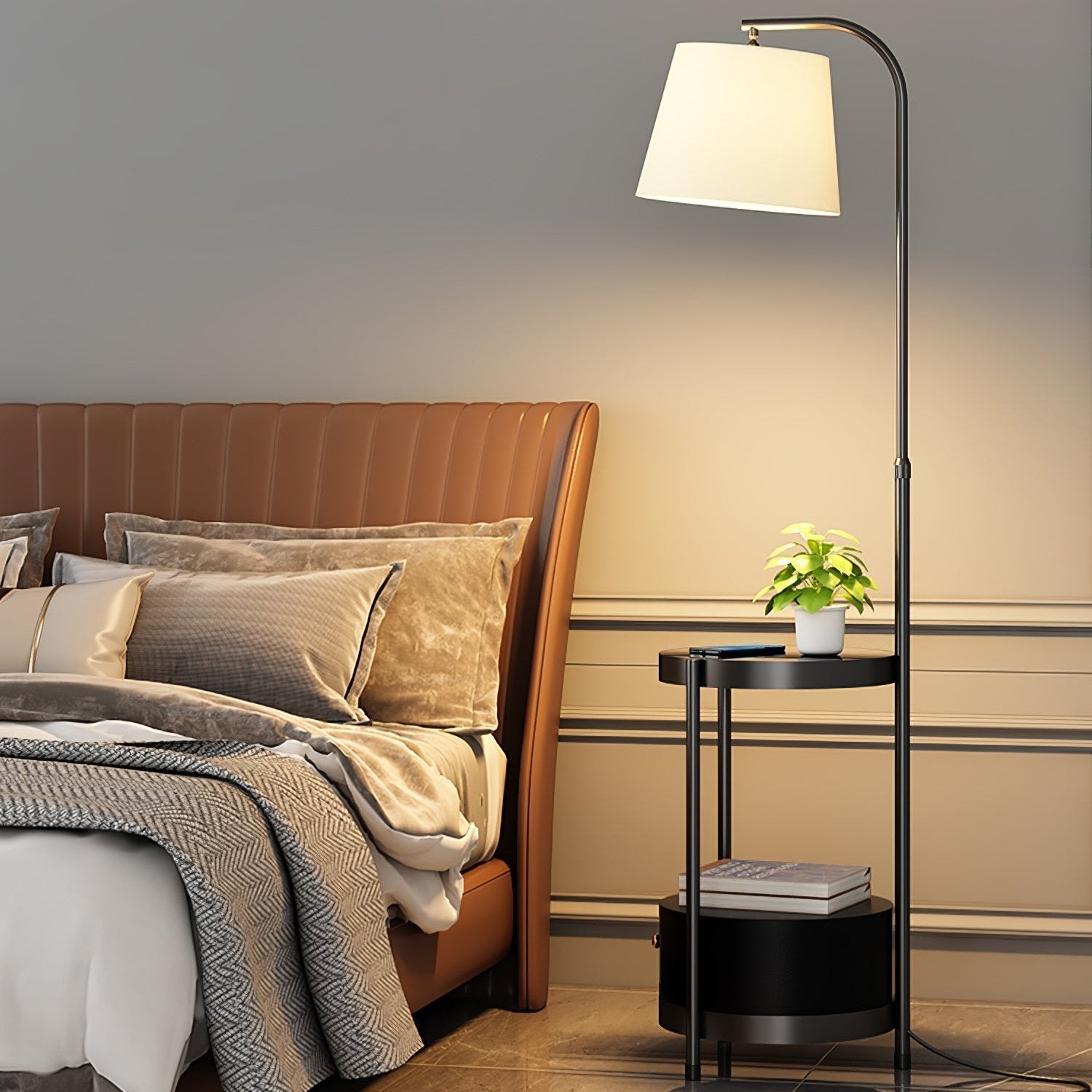 Lilah Modern Standing Lamp with Integrated End Table and Storage Shelf for Living Room