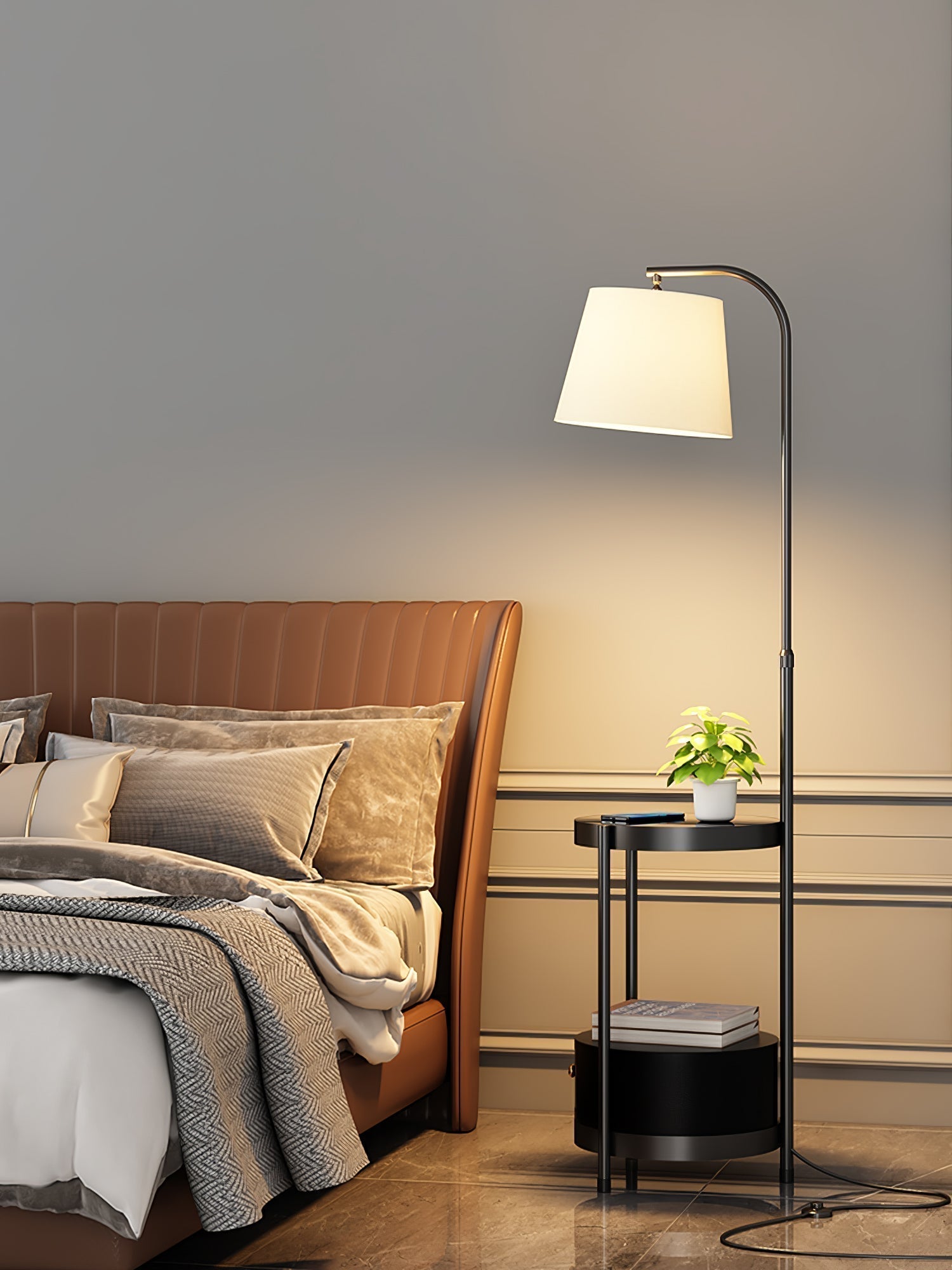 Lilah Modern Standing Lamp with Integrated End Table and Storage Shelf for Living Room