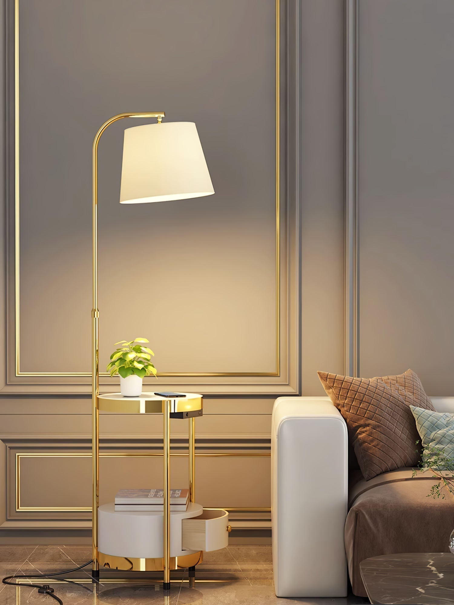 Lilah Modern Standing Lamp with Integrated End Table and Storage Shelf for Living Room