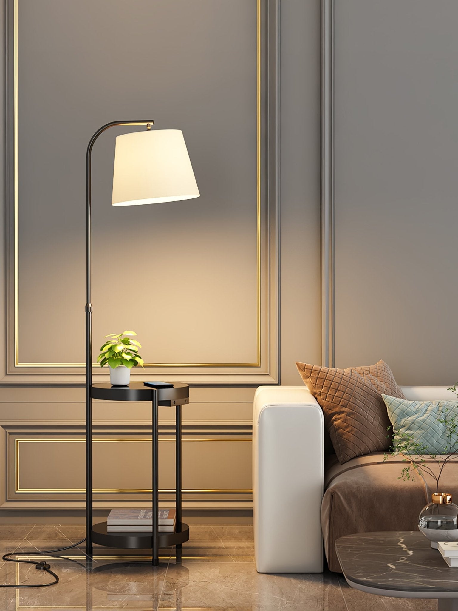 Lilah Modern Standing Lamp with Integrated End Table and Storage Shelf for Living Room
