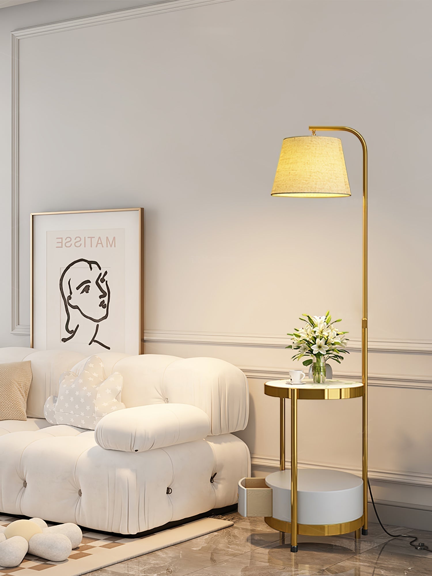Lilah Modern Standing Lamp with Integrated End Table and Storage Shelf for Living Room