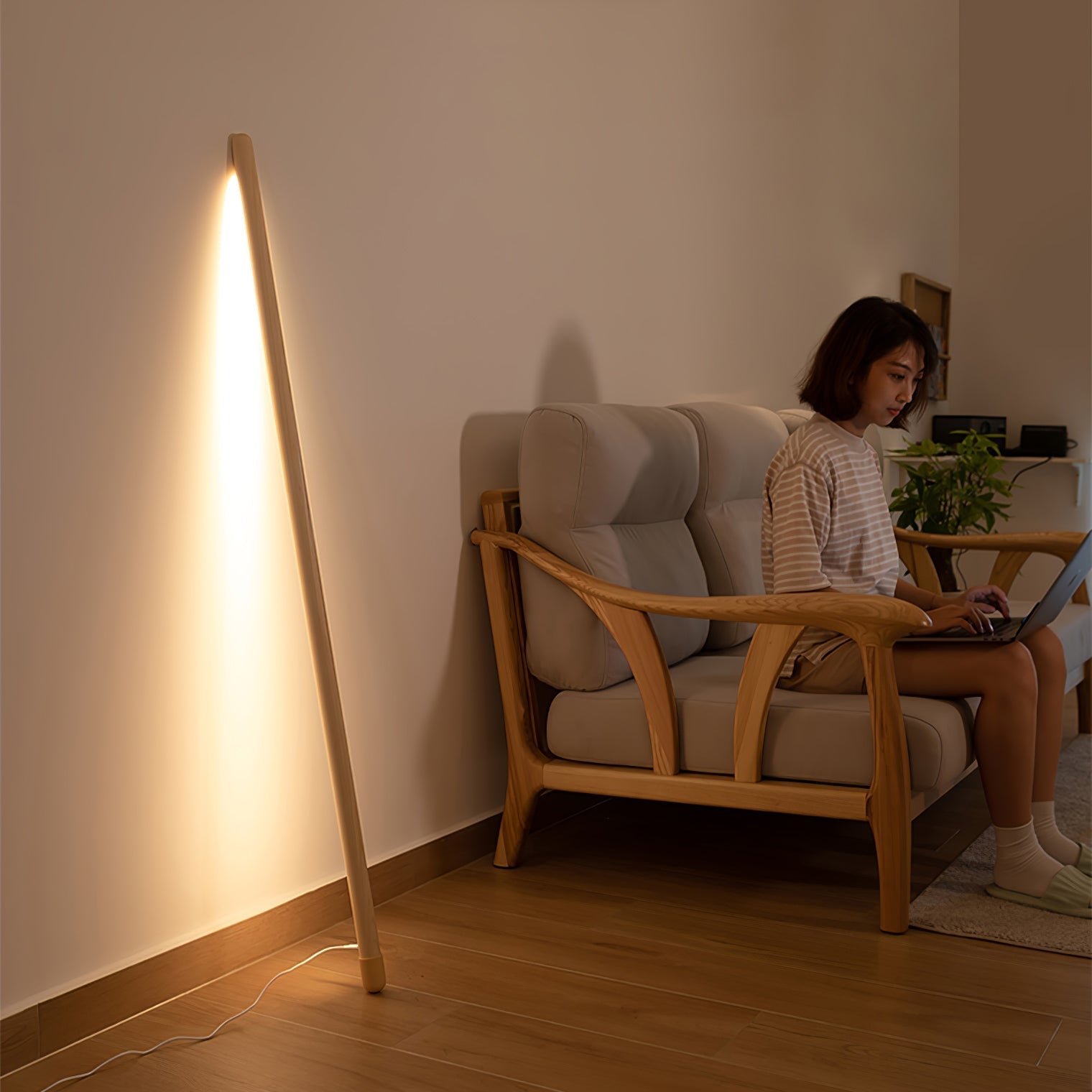 Tall Minimalist Wood LED Floor Lamp Slim Vertical Standing Light with Remote Control