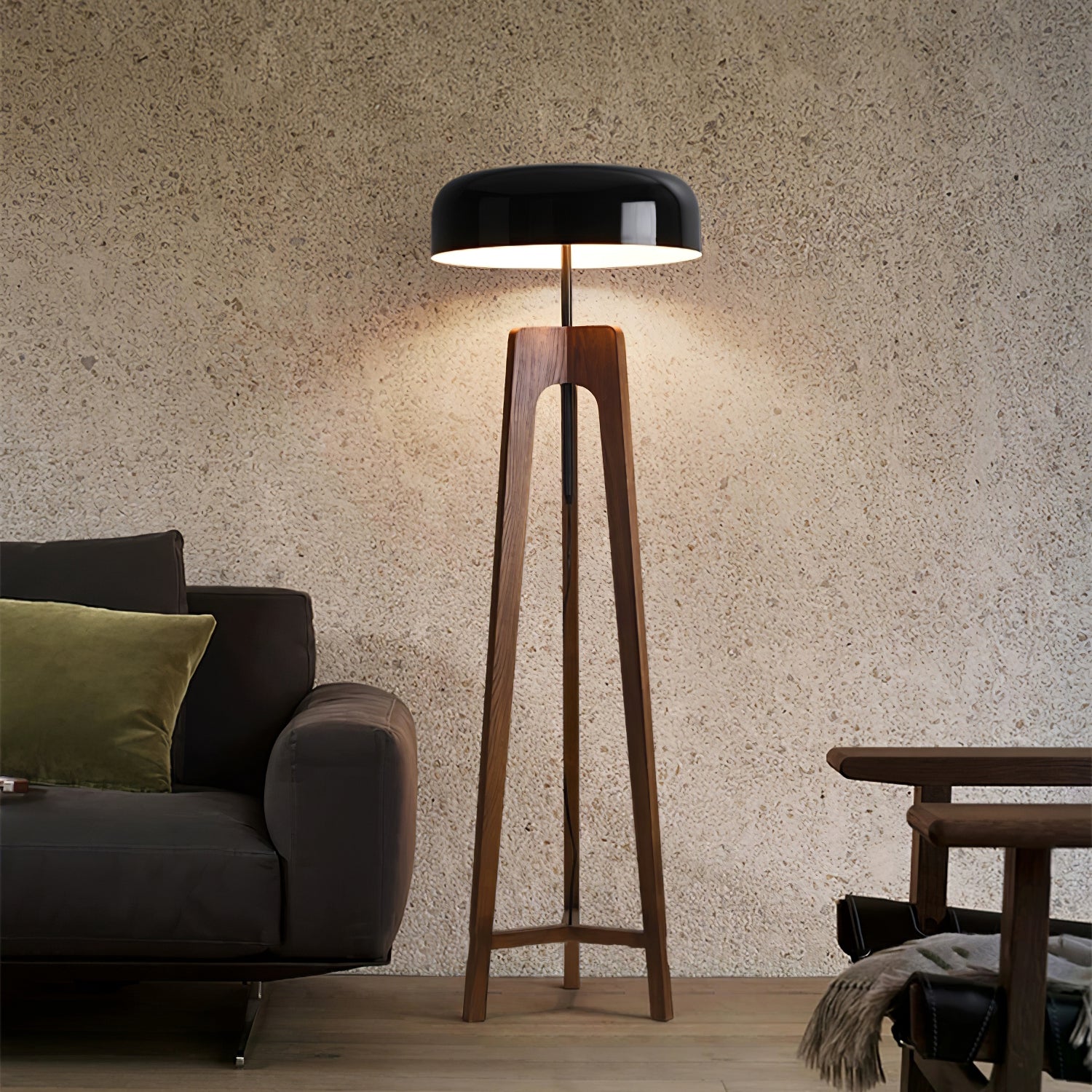 Modern Walnut Wood Floor Lamp with Elegant Black Fabric Shade for Contemporary Living Spaces