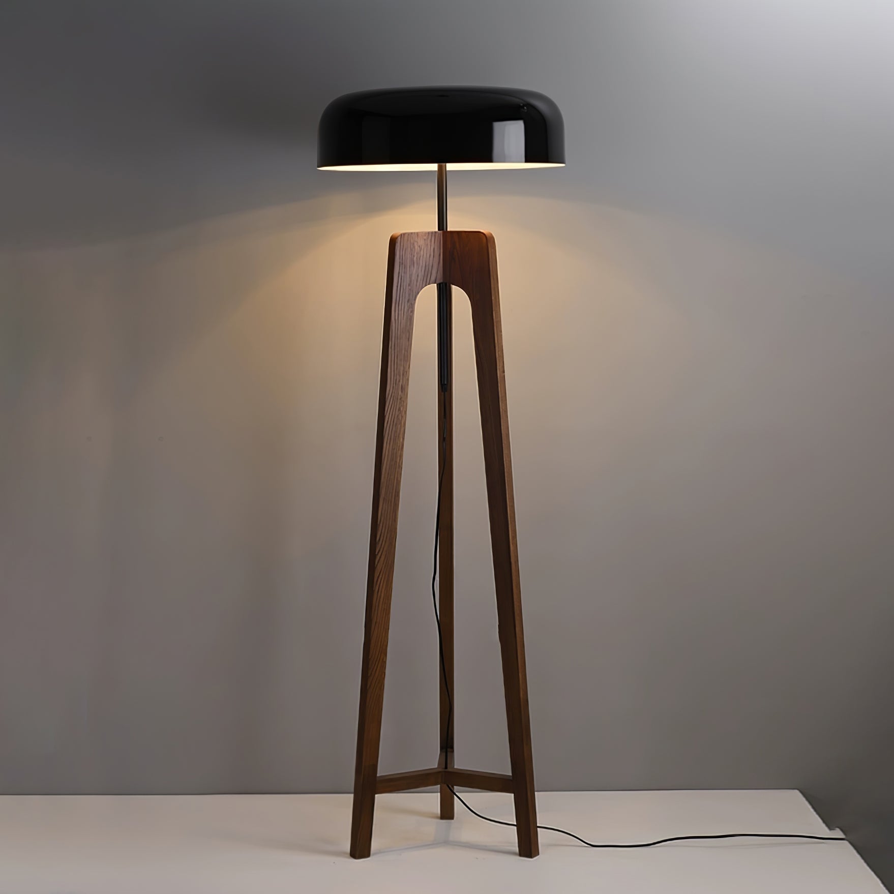 Modern Walnut Wood Floor Lamp with Elegant Black Fabric Shade for Contemporary Living Spaces