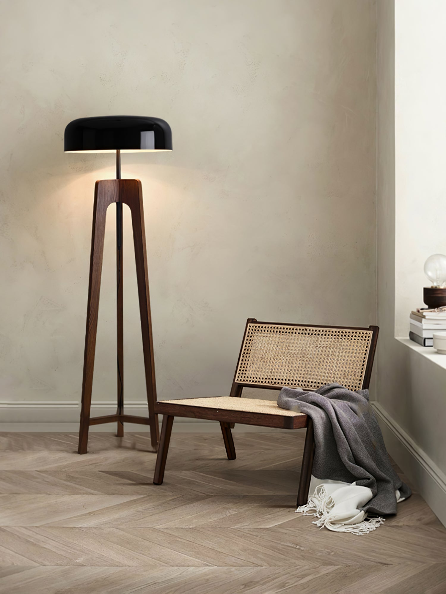 Modern Walnut Wood Floor Lamp with Elegant Black Fabric Shade for Contemporary Living Spaces