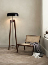Modern Walnut Wood Floor Lamp with Elegant Black Fabric Shade for Contemporary Living Spaces