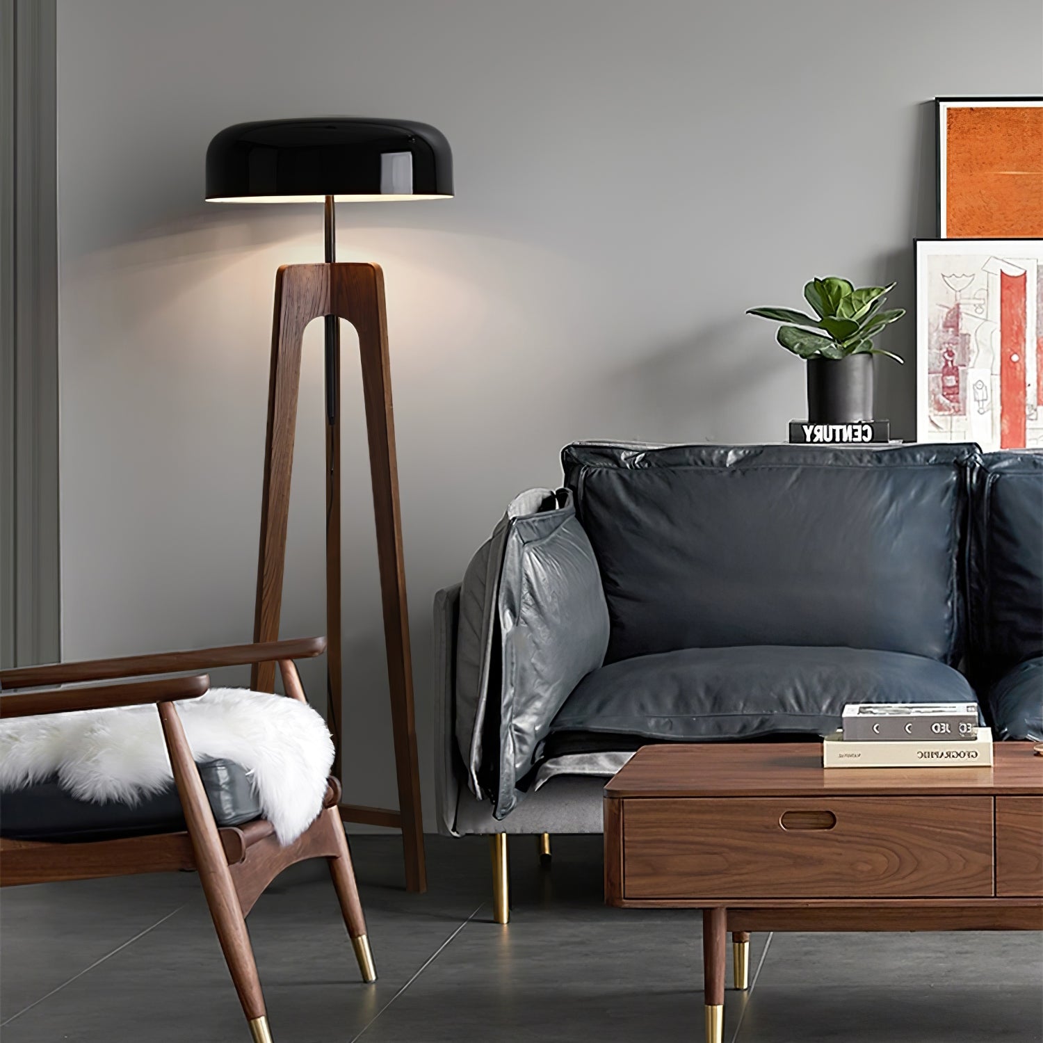 Modern Walnut Wood Floor Lamp with Elegant Black Fabric Shade for Contemporary Living Spaces