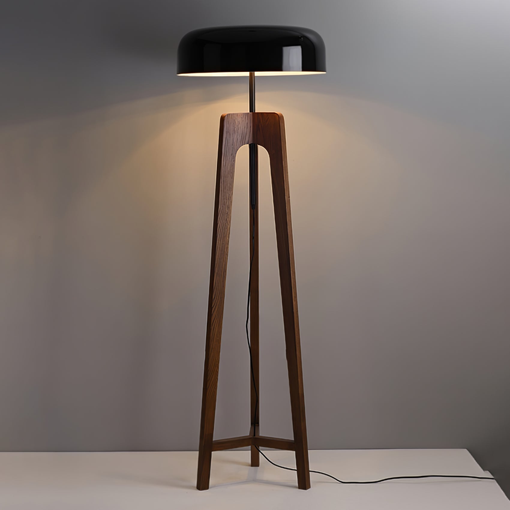 Modern Walnut Wood Floor Lamp with Elegant Black Fabric Shade for Contemporary Living Spaces