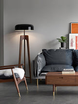 Modern Walnut Wood Floor Lamp with Elegant Black Fabric Shade for Contemporary Living Spaces