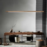 Modern Walnut Linear LED Pendant Light Minimalist Wood Hanging Chandelier for Dining Room