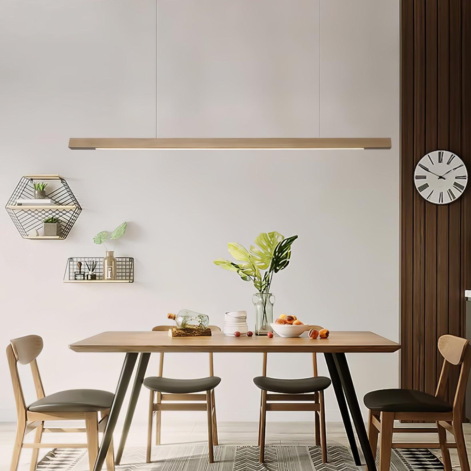 Modern Walnut Linear LED Pendant Light Minimalist Wood Hanging Chandelier for Dining Room