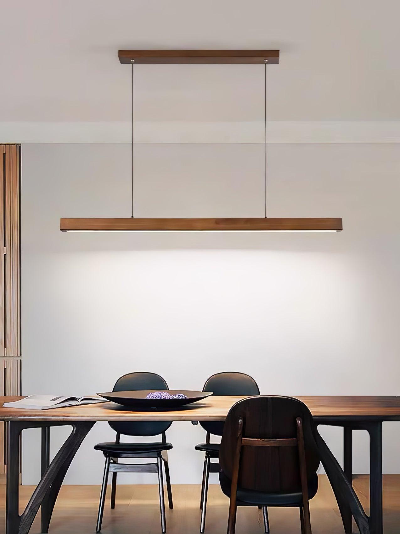 Modern Walnut Linear LED Pendant Light Minimalist Wood Hanging Chandelier for Dining Room
