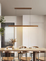 Modern Walnut Linear LED Pendant Light Minimalist Wood Hanging Chandelier for Dining Room