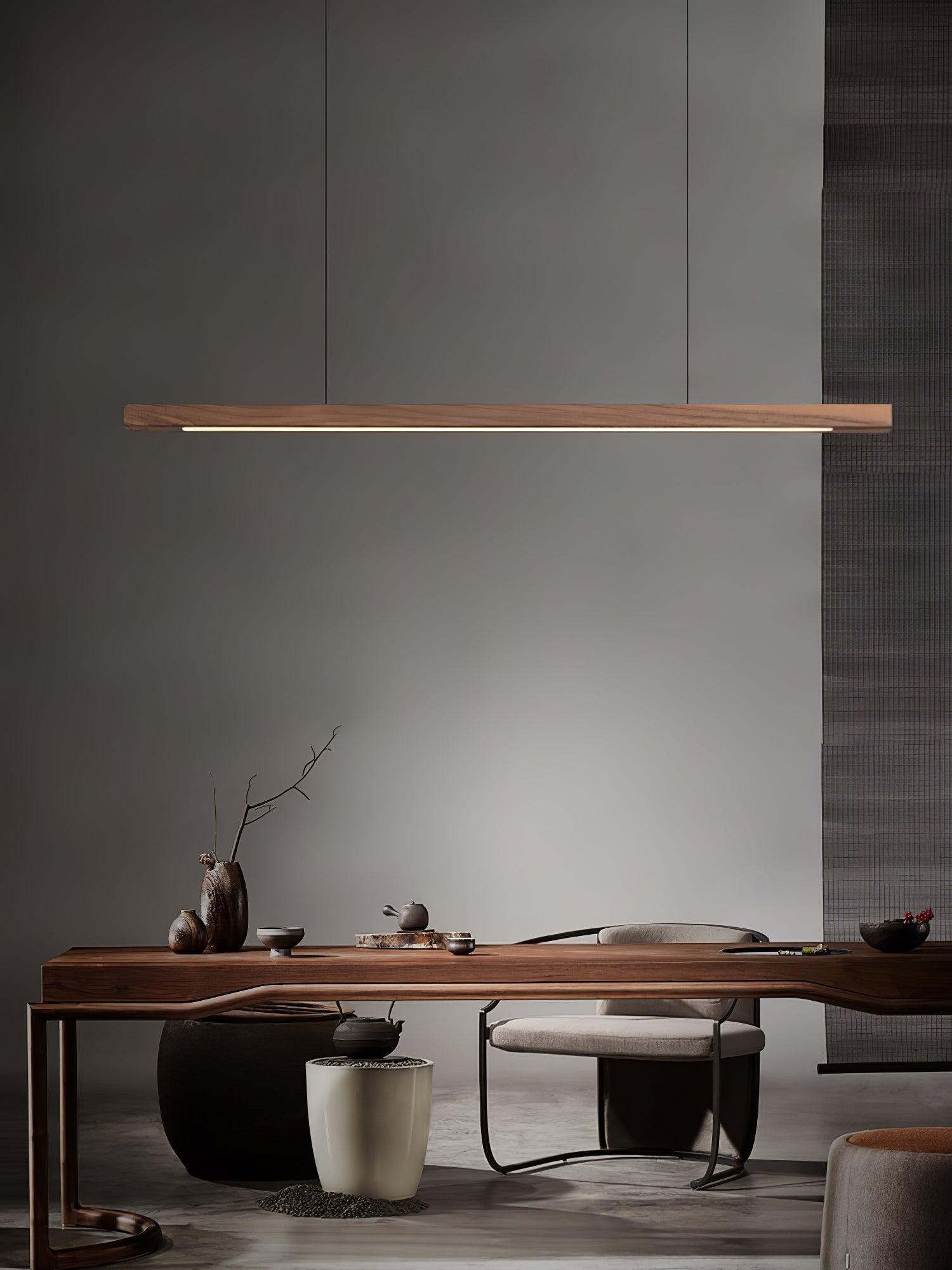 Modern Walnut Linear LED Pendant Light Minimalist Wood Hanging Chandelier for Dining Room