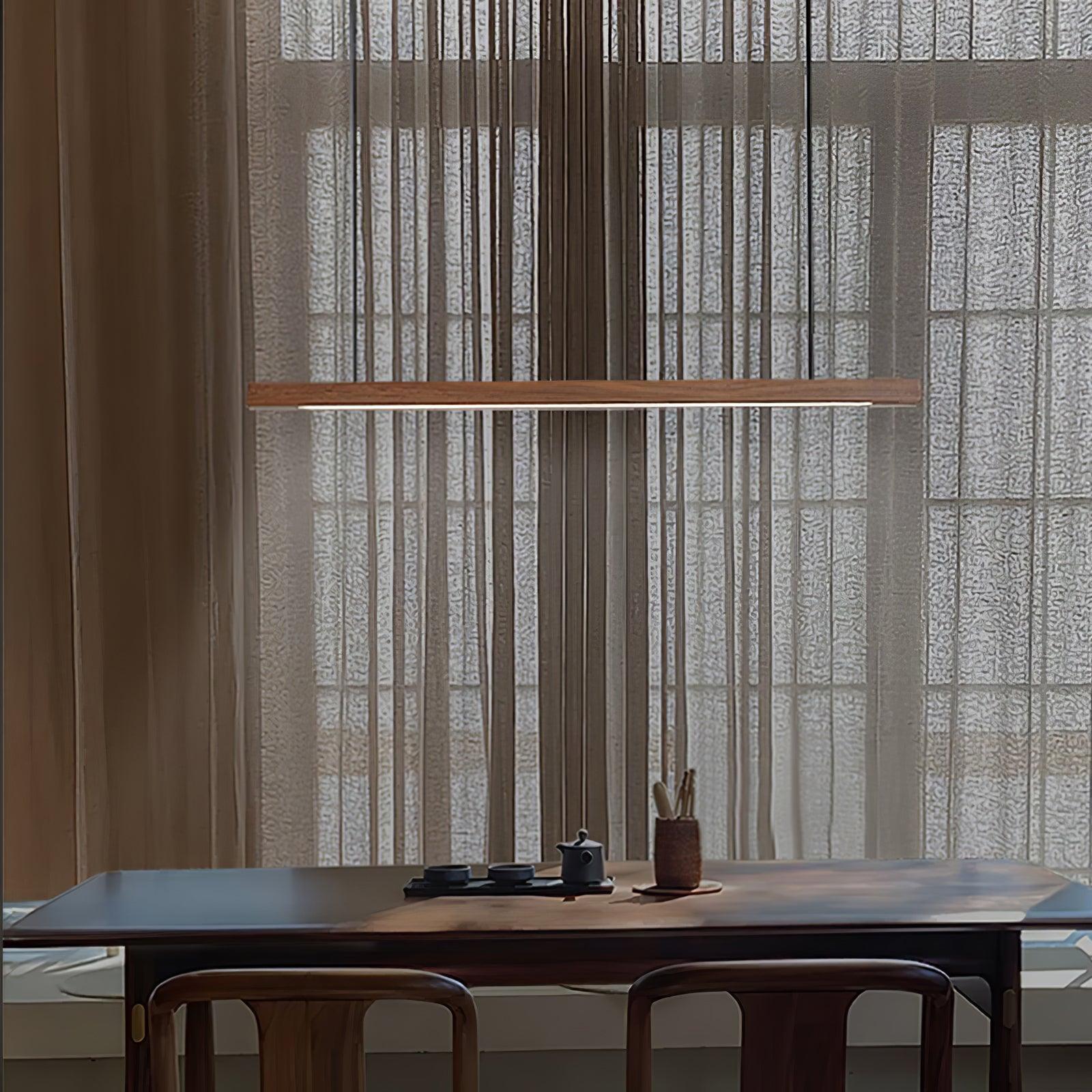 Modern Walnut Linear LED Pendant Light Minimalist Wood Hanging Chandelier for Dining Room