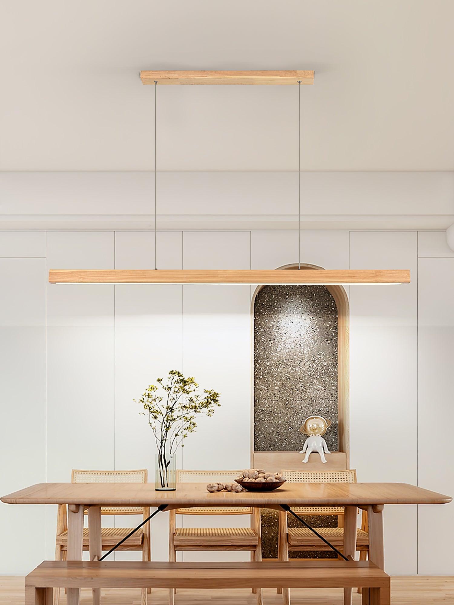 Modern Walnut Linear LED Pendant Light Minimalist Wood Hanging Chandelier for Dining Room