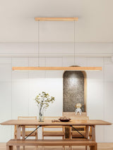 Modern Walnut Linear LED Pendant Light Minimalist Wood Hanging Chandelier for Dining Room