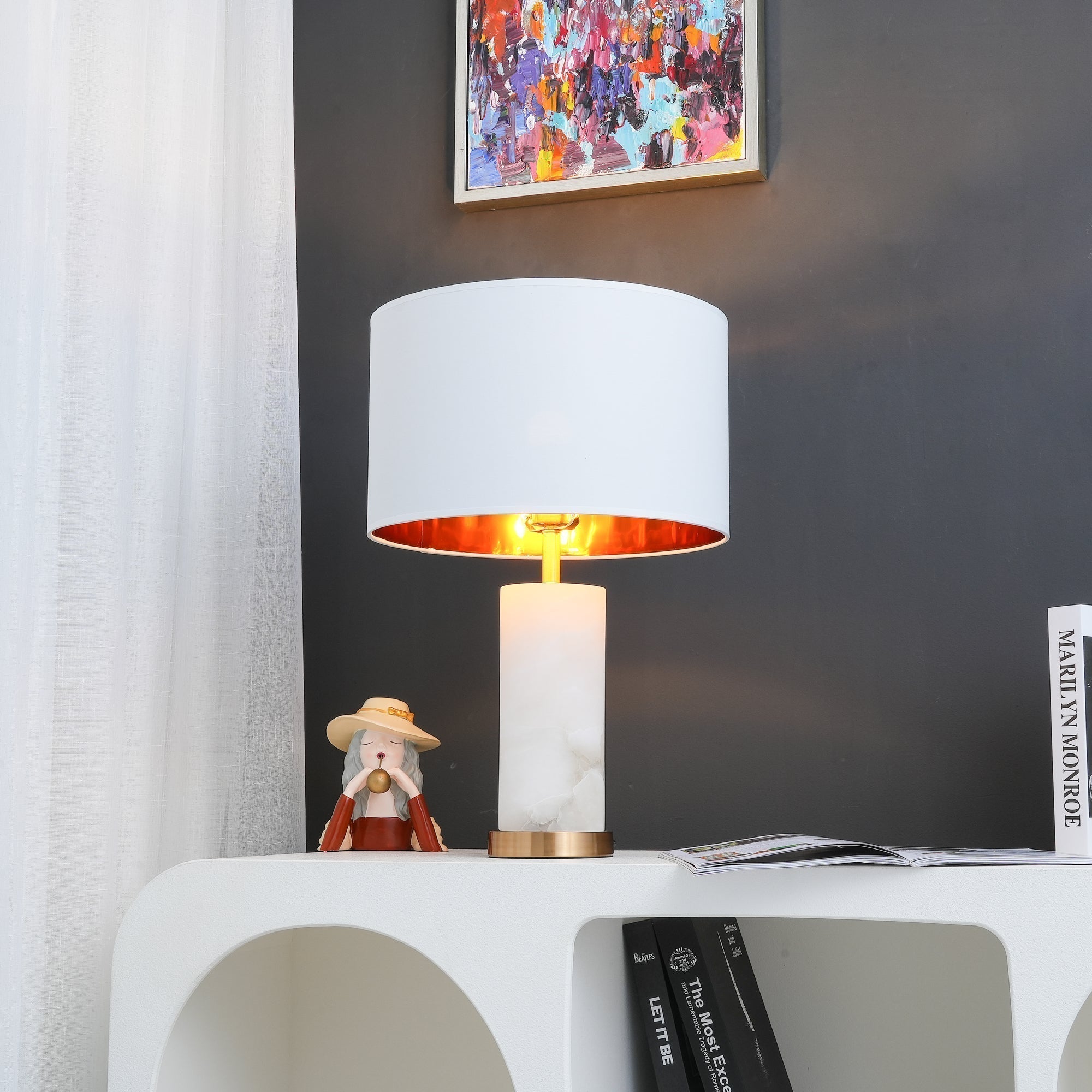 Modern Alabaster Table Lamp with White Fabric Shade and Metal Accents for Living Rooms