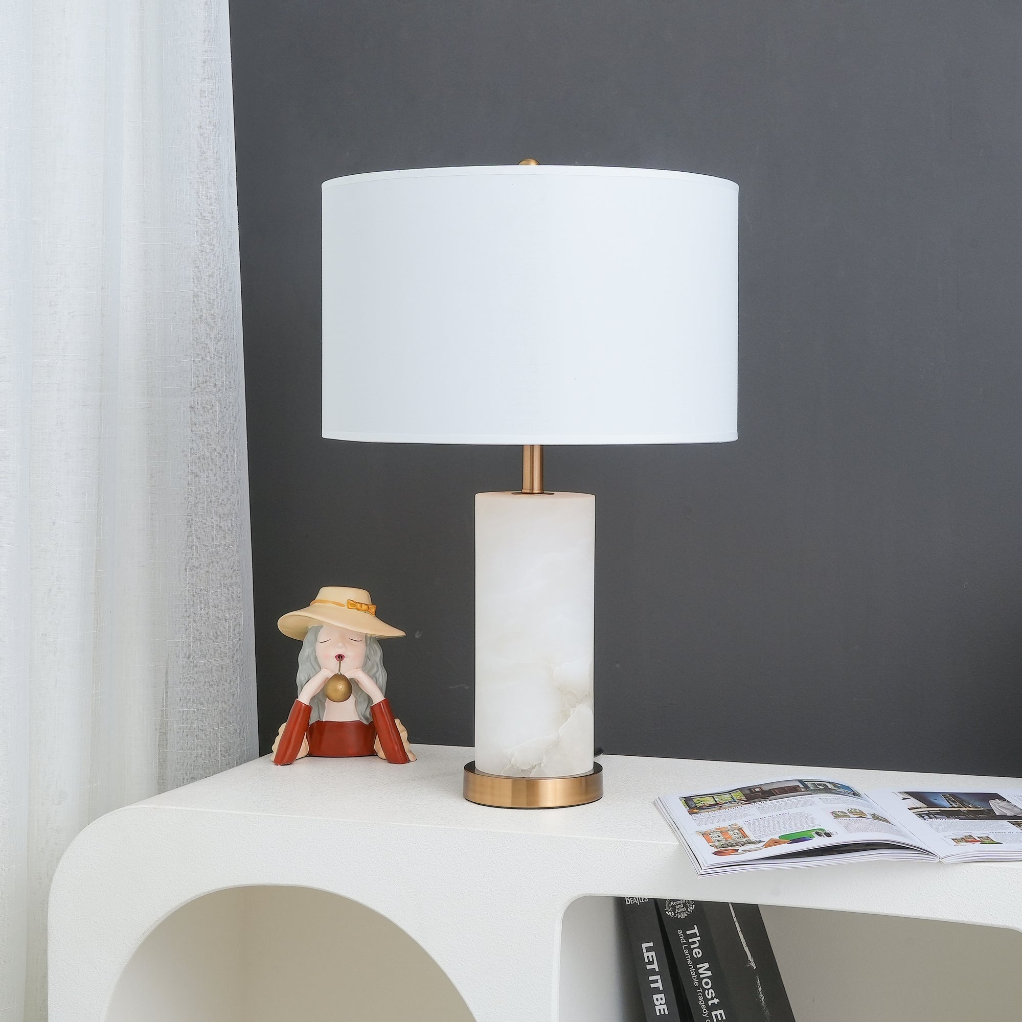 Modern Alabaster Table Lamp with White Fabric Shade and Metal Accents for Living Rooms