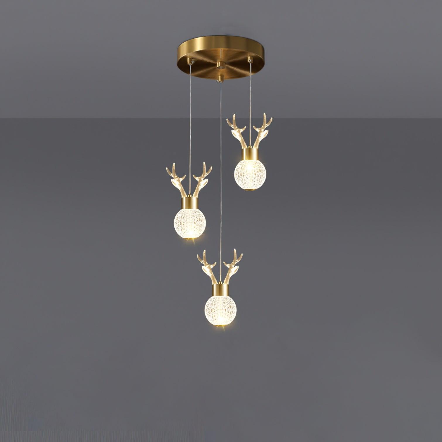 Modern Brass and Crystal Deer Pendant Light Whimsical LED Hanging Lamp for Bedroom
