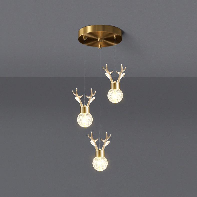 Modern Brass and Crystal Deer Pendant Light Whimsical LED Hanging Lamp for Bedroom