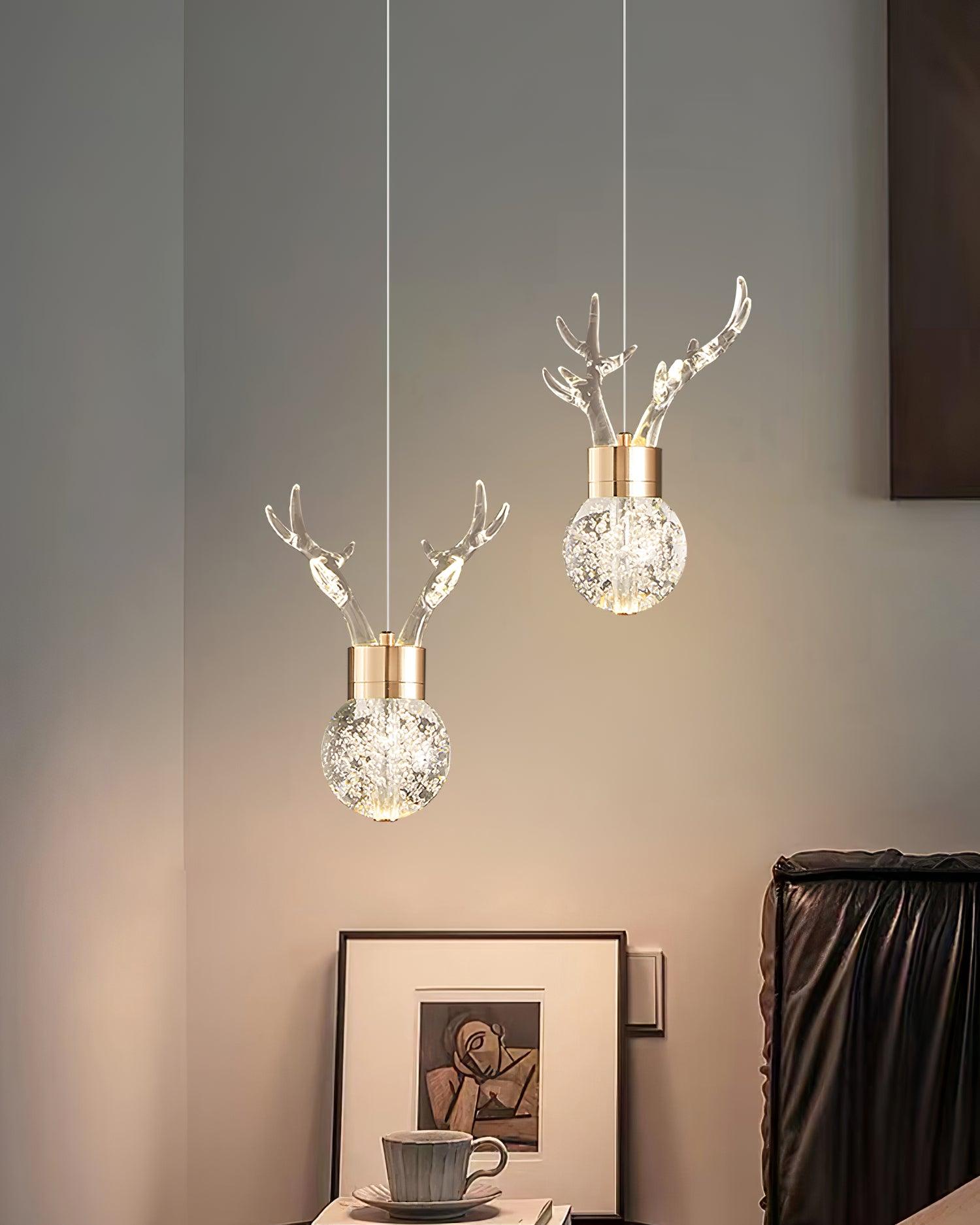 Modern Brass and Crystal Deer Pendant Light Whimsical LED Hanging Lamp for Bedroom