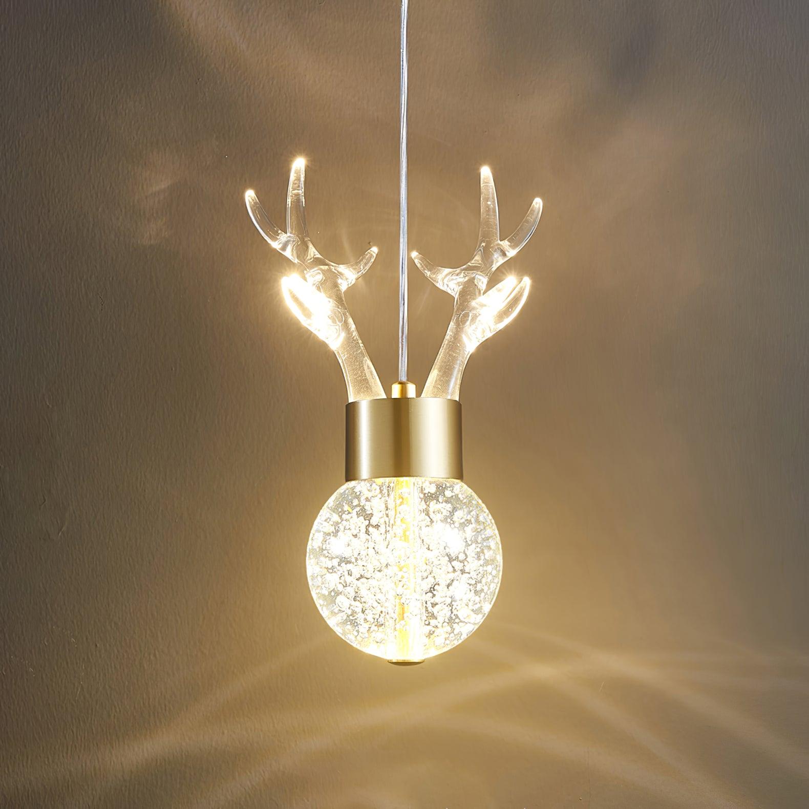 Modern Brass and Crystal Deer Pendant Light Whimsical LED Hanging Lamp for Bedroom
