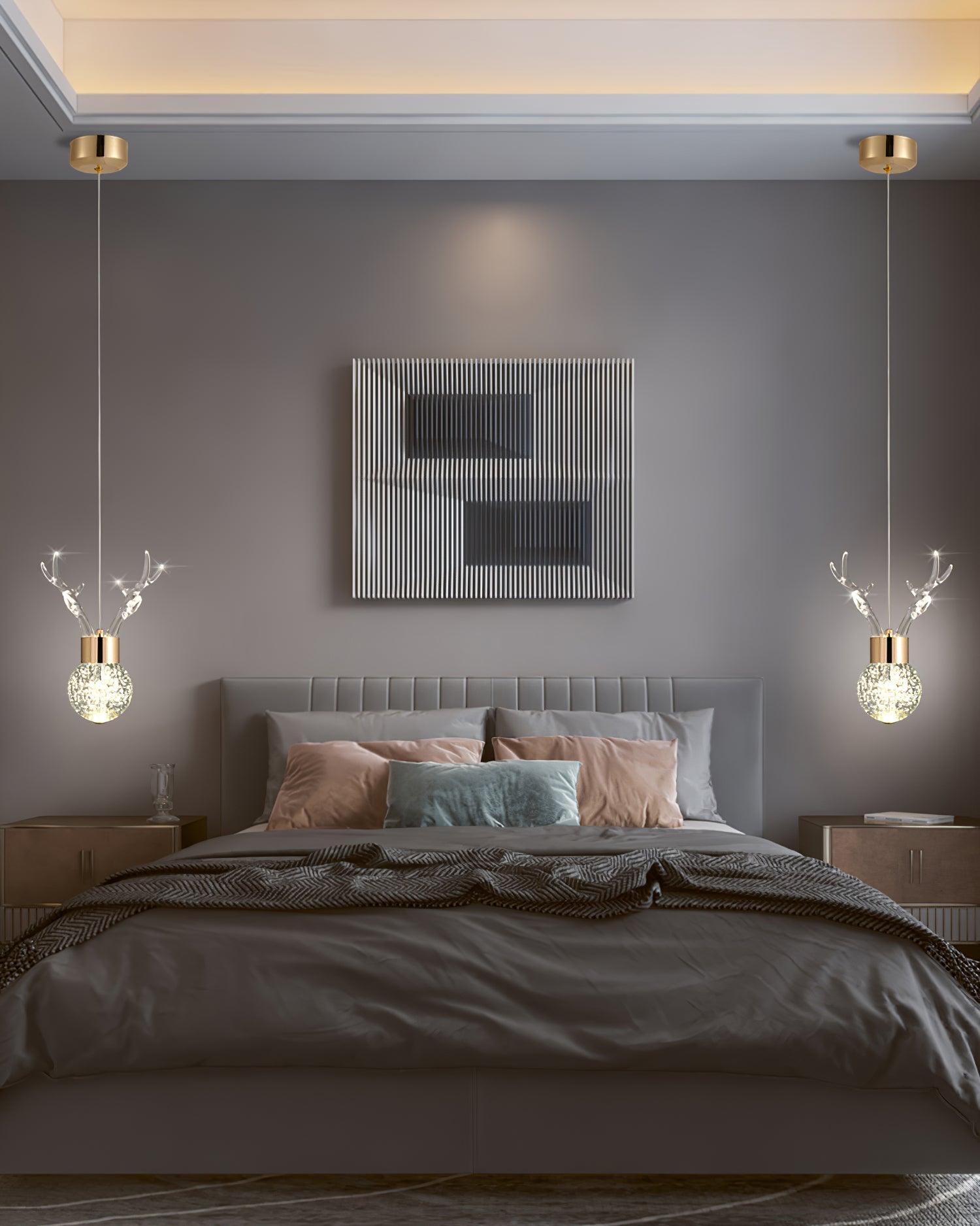 Modern Brass and Crystal Deer Pendant Light Whimsical LED Hanging Lamp for Bedroom