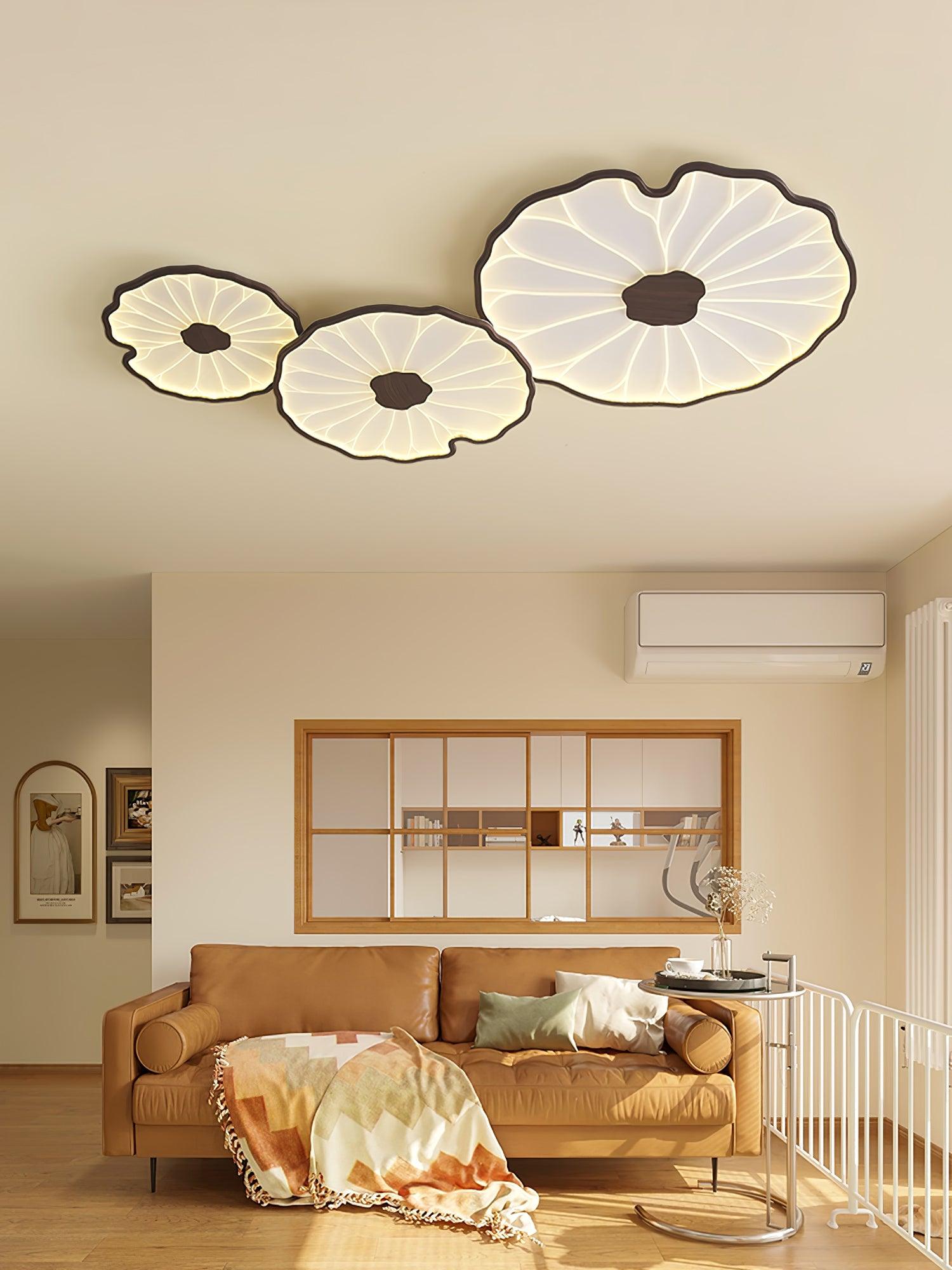 Modern Lotus Leaf Acrylic LED Ceiling Light Wood Grain Finish Flush Mount Lamp for Living Room