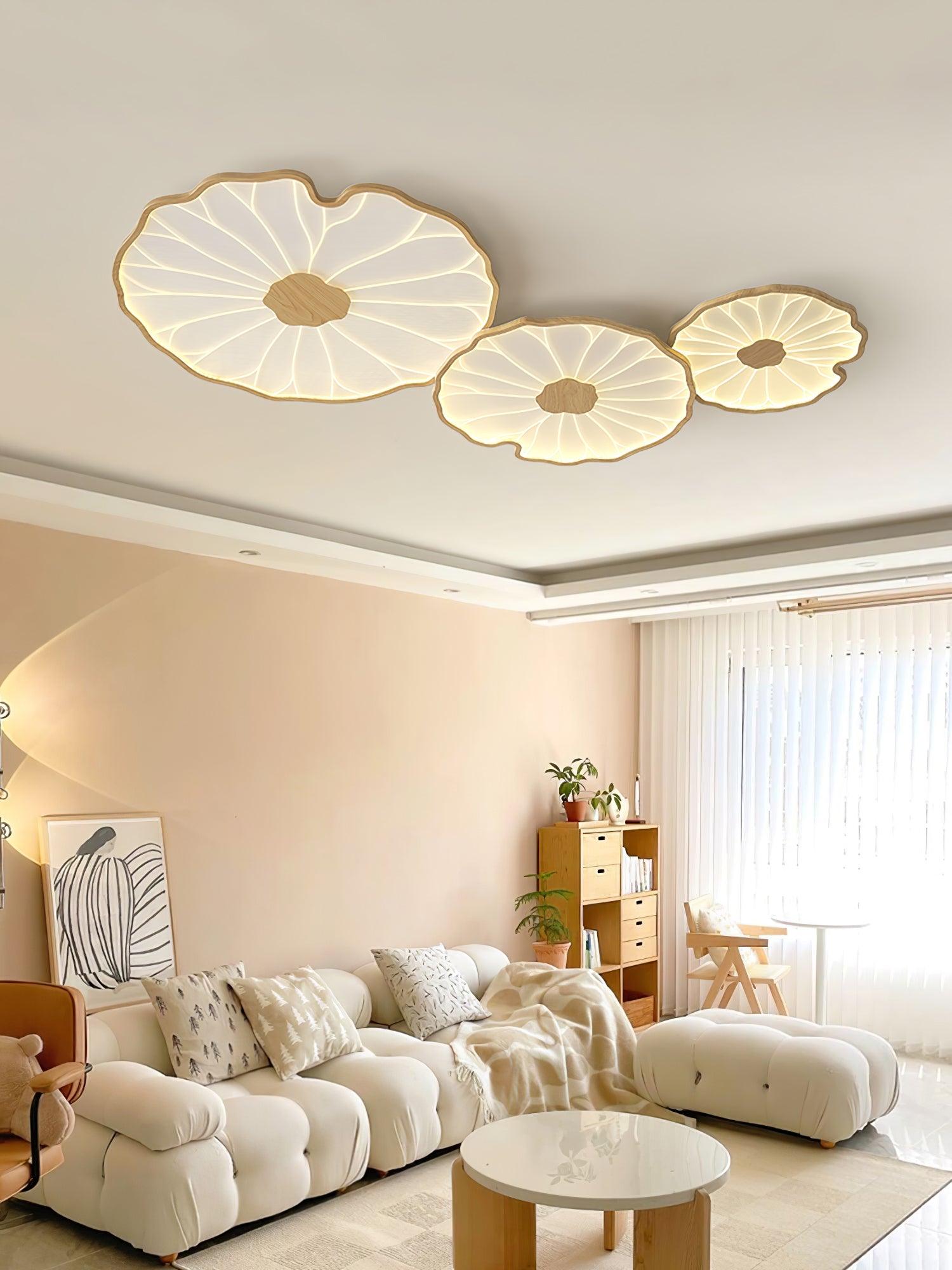 Modern Lotus Leaf Acrylic LED Ceiling Light Wood Grain Finish Flush Mount Lamp for Living Room
