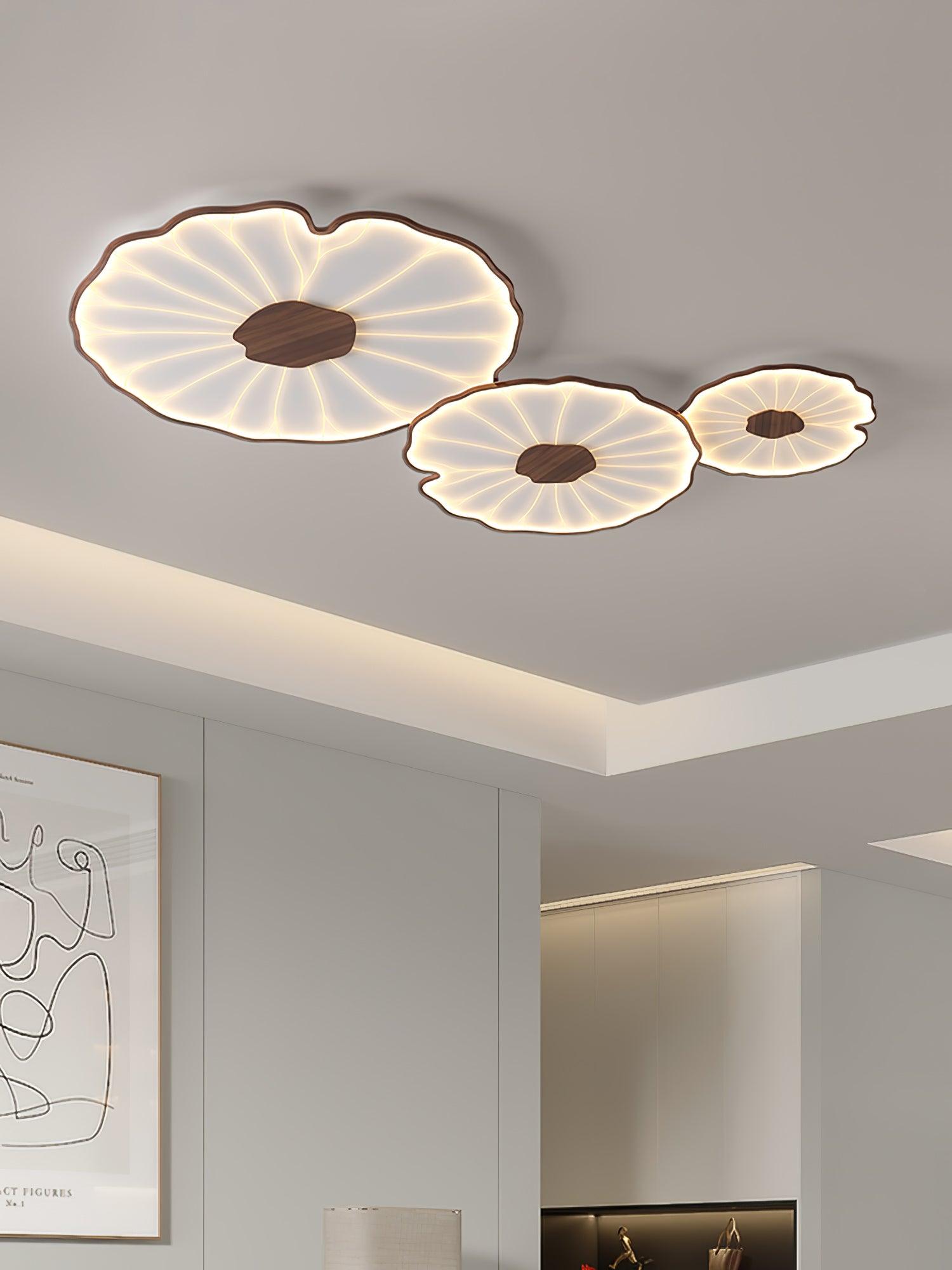 Modern Lotus Leaf Acrylic LED Ceiling Light Wood Grain Finish Flush Mount Lamp for Living Room