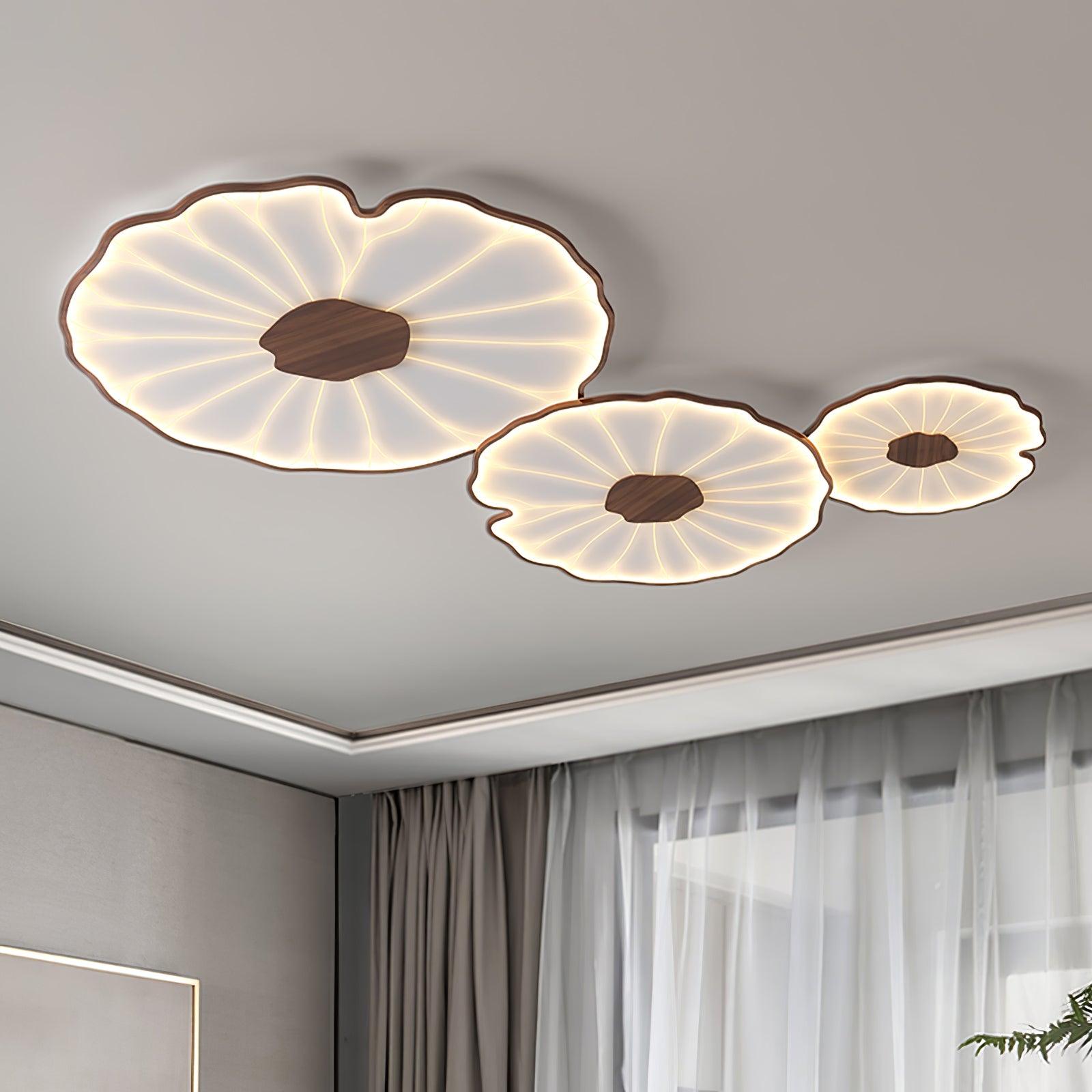 Modern Lotus Leaf Acrylic LED Ceiling Light Wood Grain Finish Flush Mount Lamp for Living Room