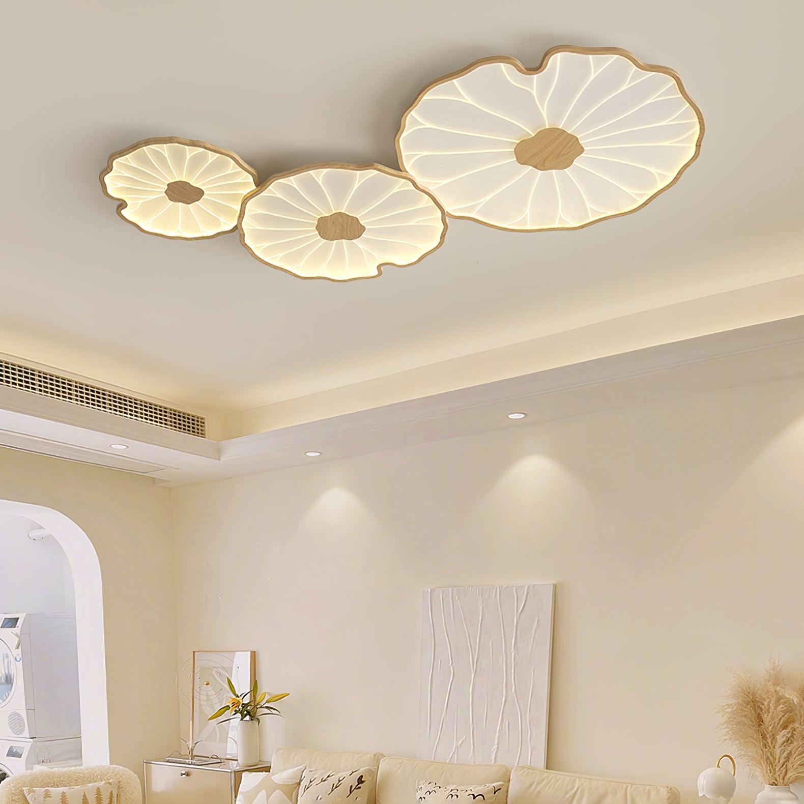 Modern Lotus Leaf Acrylic LED Ceiling Light Wood Grain Finish Flush Mount Lamp for Living Room