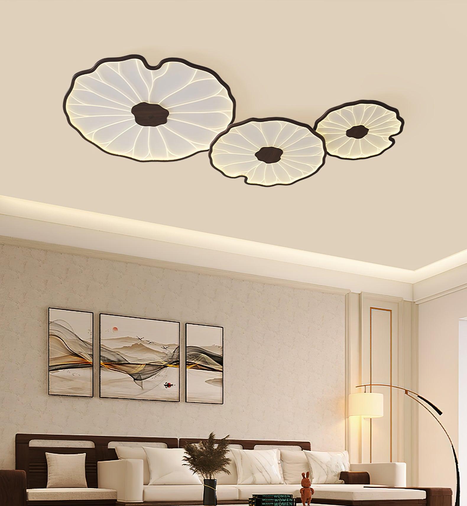 Modern Lotus Leaf Acrylic LED Ceiling Light Wood Grain Finish Flush Mount Lamp for Living Room