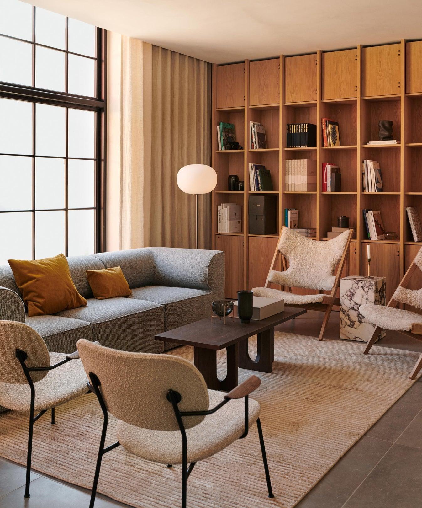 Modern Jwda Travertine Floor Lamp with Spherical Glass Globe and Yellow Stone Base