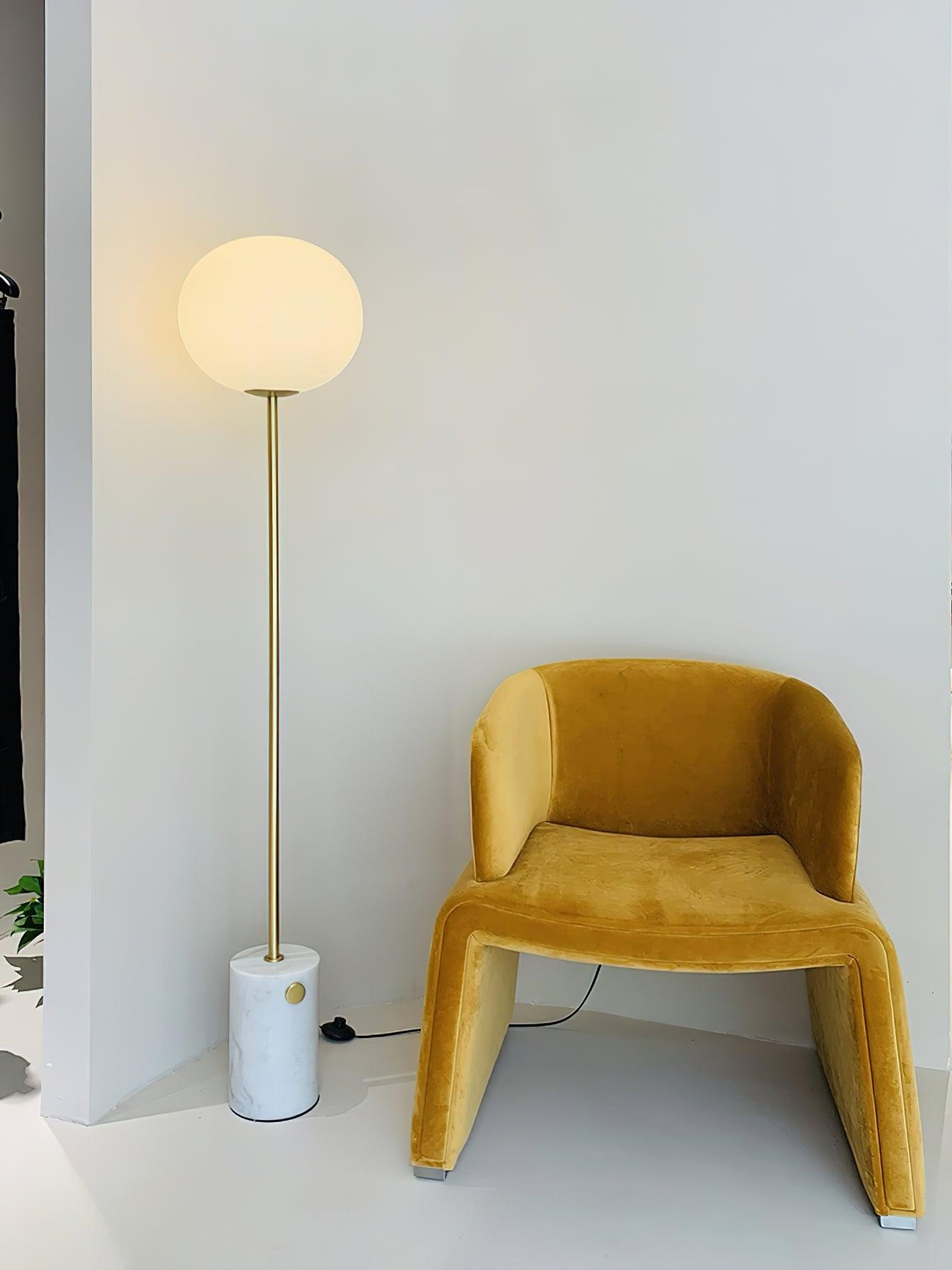 Modern Jwda Travertine Floor Lamp with Spherical Glass Globe and Yellow Stone Base