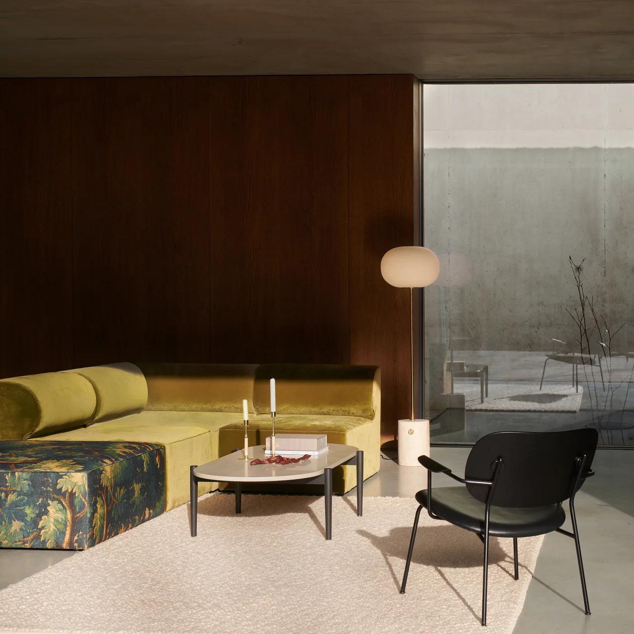 Modern Jwda Travertine Floor Lamp with Spherical Glass Globe and Yellow Stone Base