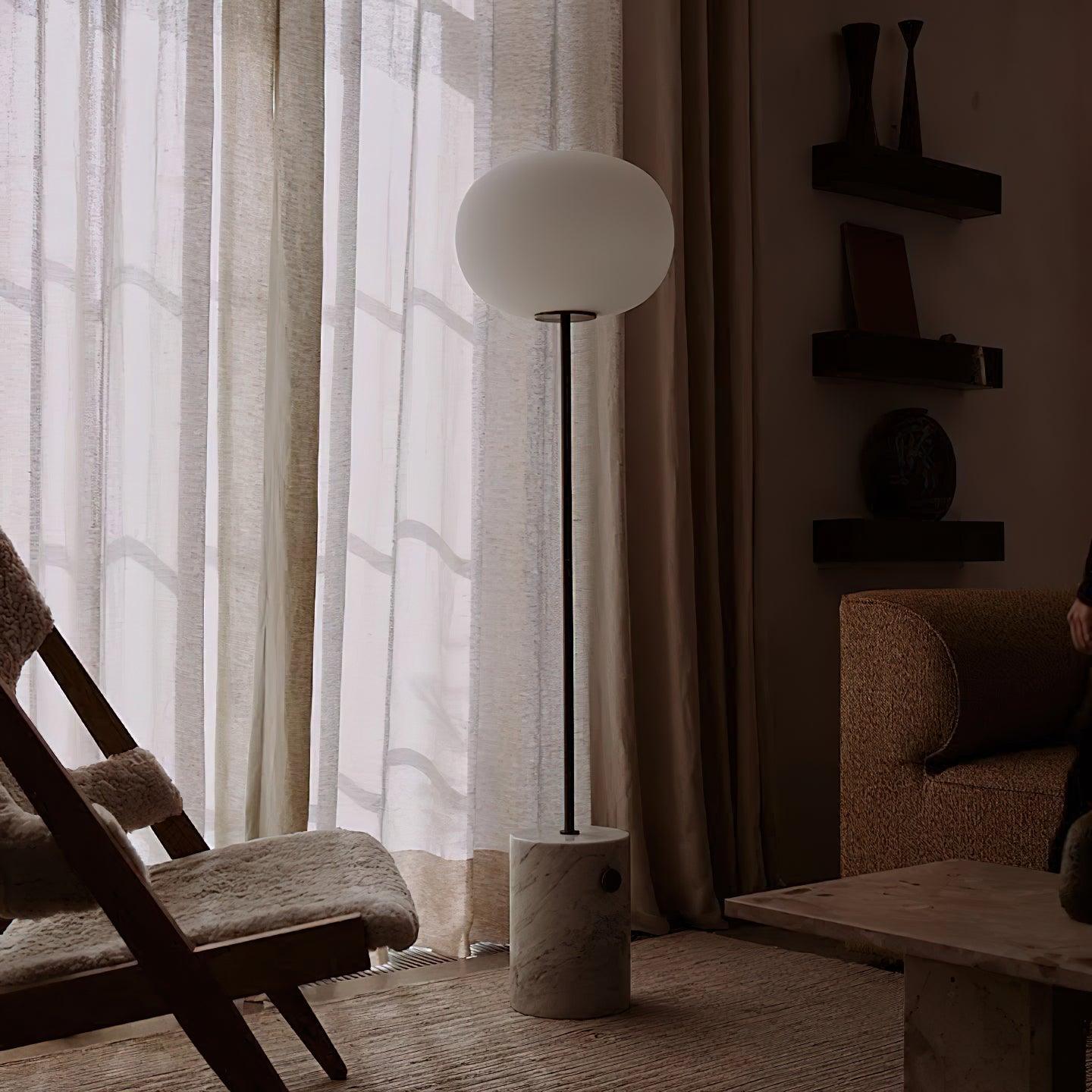 Modern Jwda Travertine Floor Lamp with Spherical Glass Globe and Yellow Stone Base