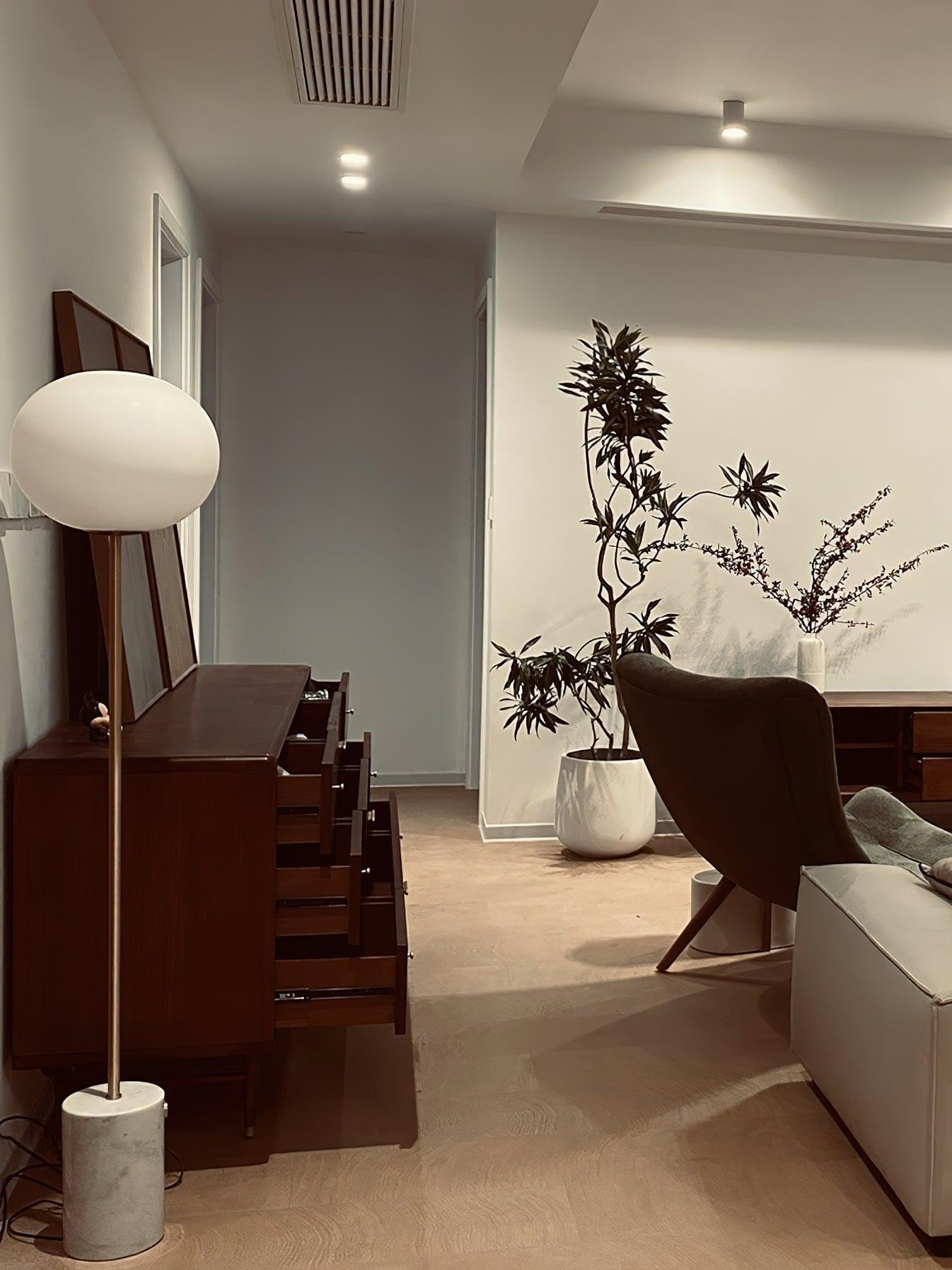 Modern Jwda Travertine Floor Lamp with Spherical Glass Globe and Yellow Stone Base