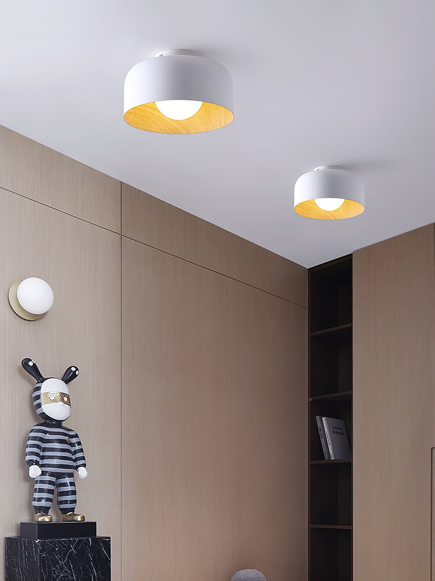 Modern Spherical Glass Globe Flush Mount Ceiling Light with Wood Grain Trim