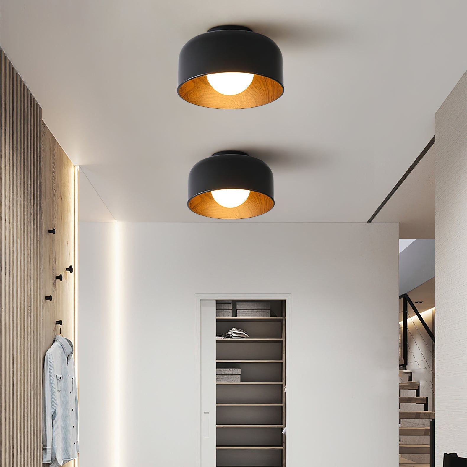 Modern Spherical Glass Globe Flush Mount Ceiling Light with Wood Grain Trim