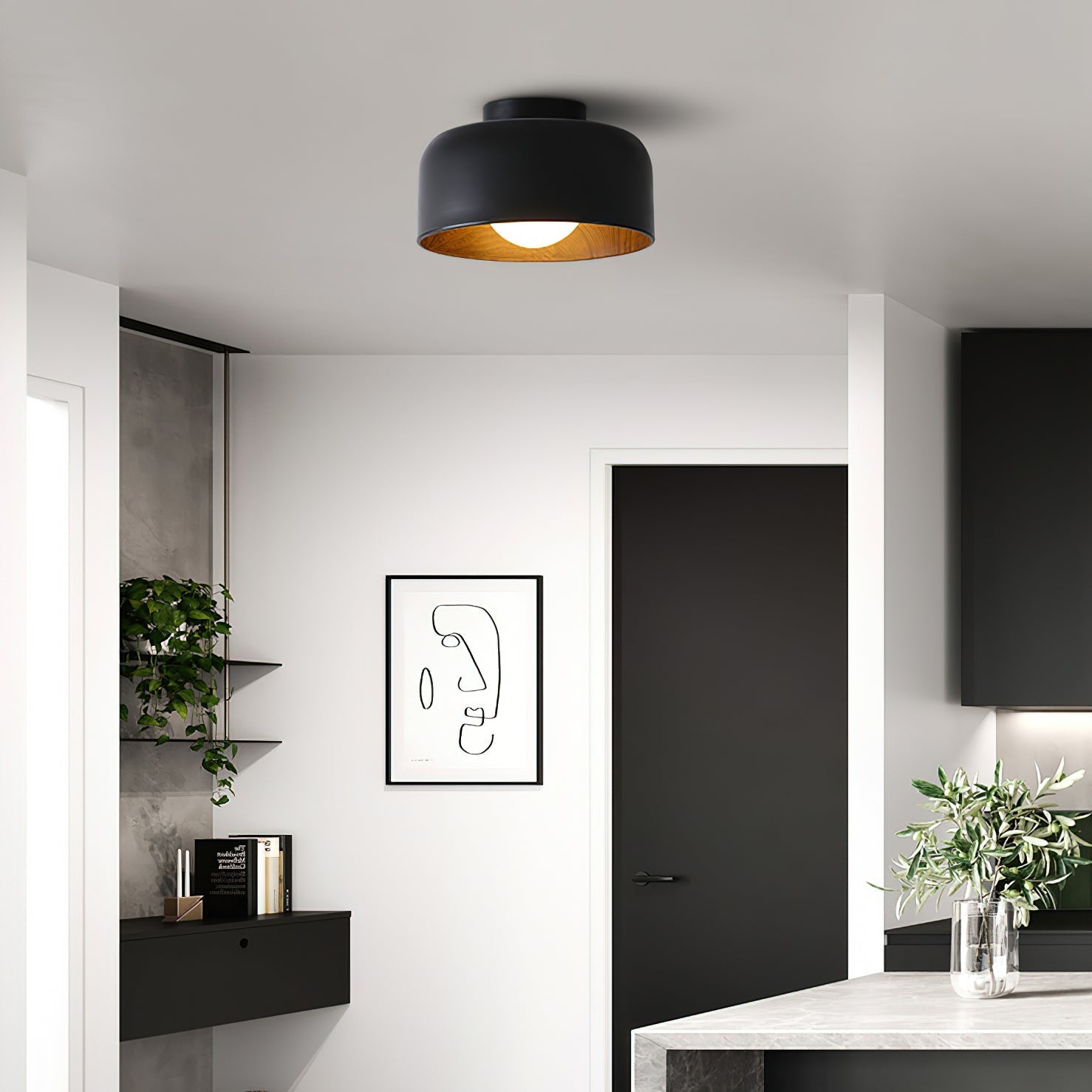 Modern Spherical Glass Globe Flush Mount Ceiling Light with Wood Grain Trim