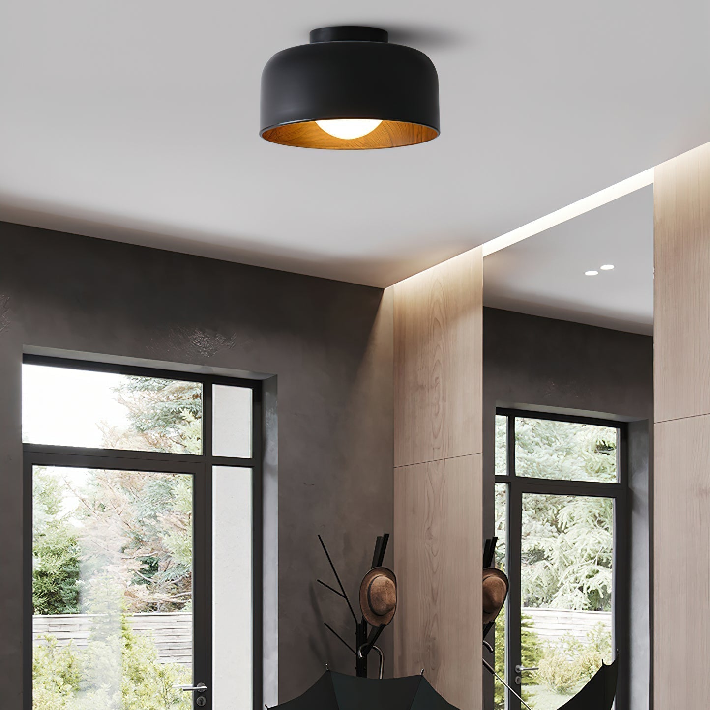 Modern Spherical Glass Globe Flush Mount Ceiling Light with Wood Grain Trim